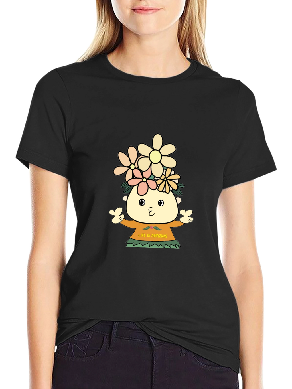 Black T-Shirt with Cartoon Flower Child Design