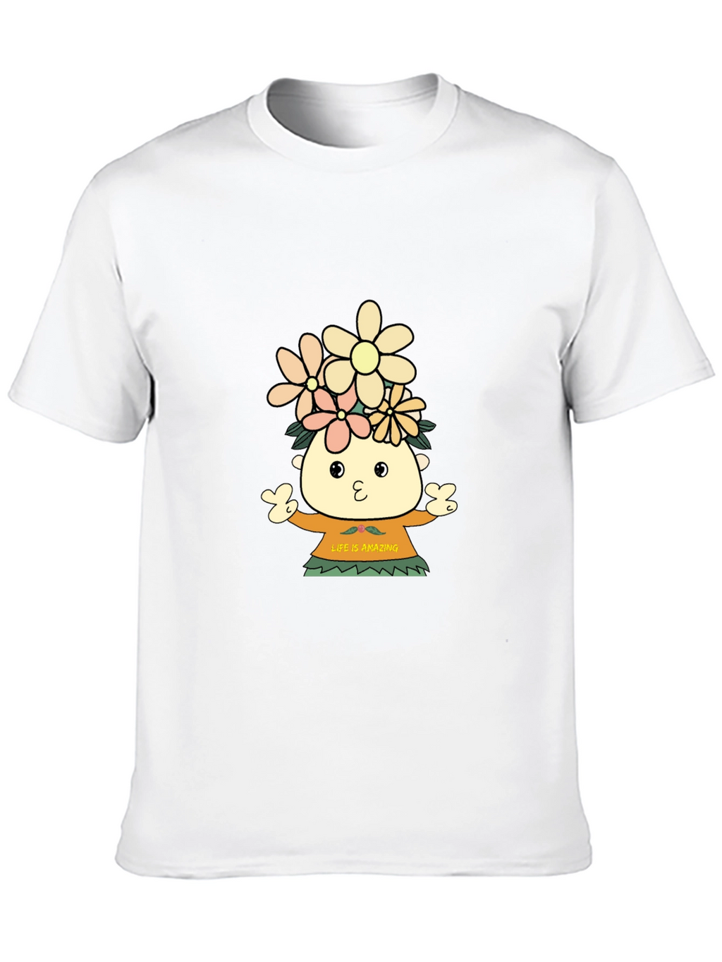 Black T-Shirt with Cartoon Flower Child Design