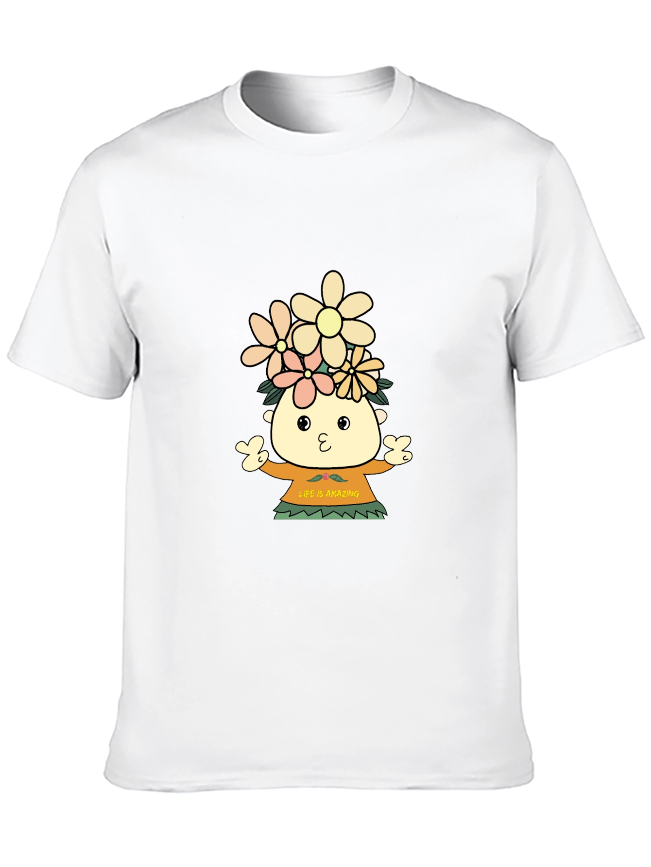 Black T-Shirt with Cartoon Flower Child Design