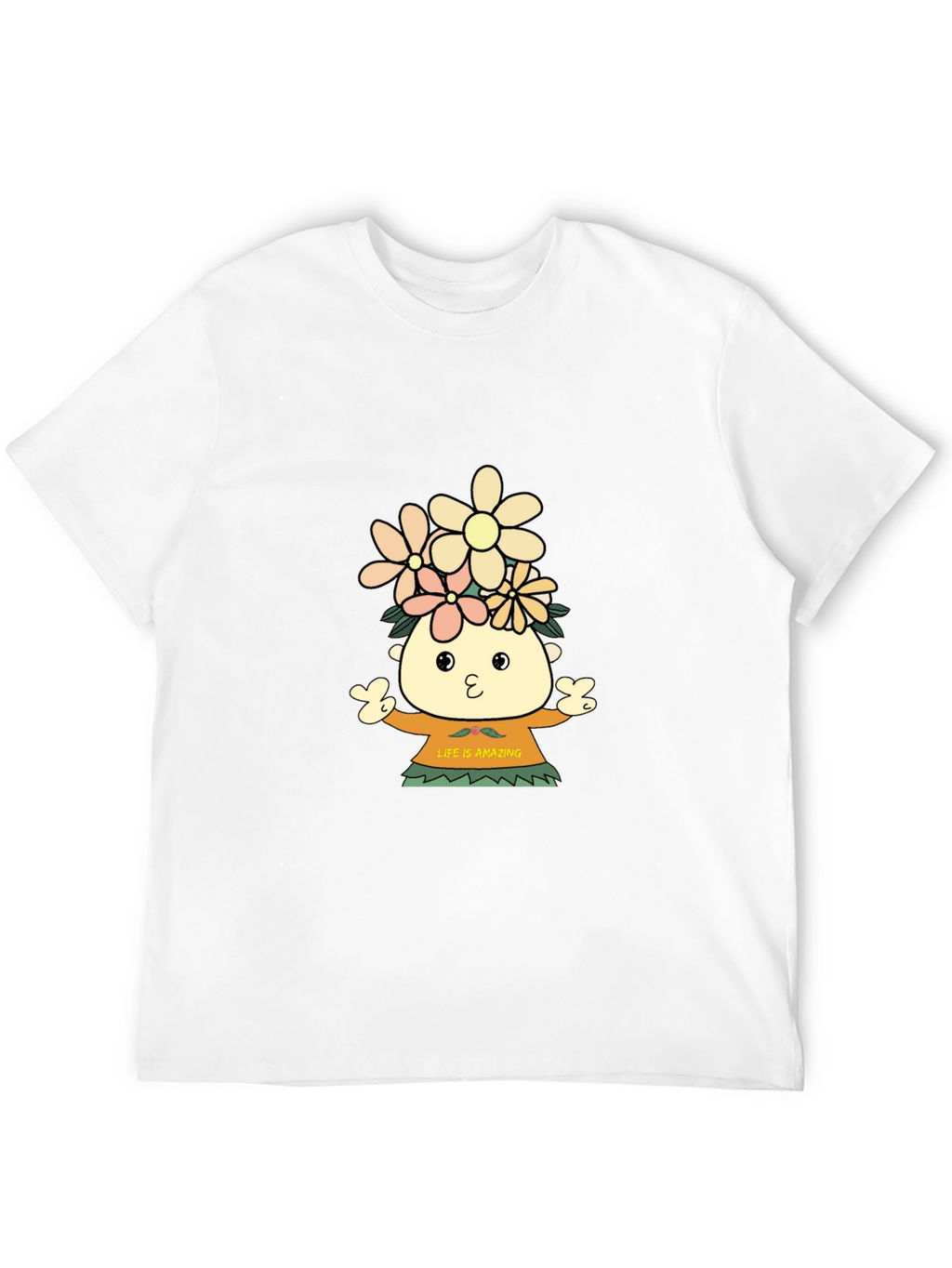 Black T-Shirt with Cartoon Flower Child Design