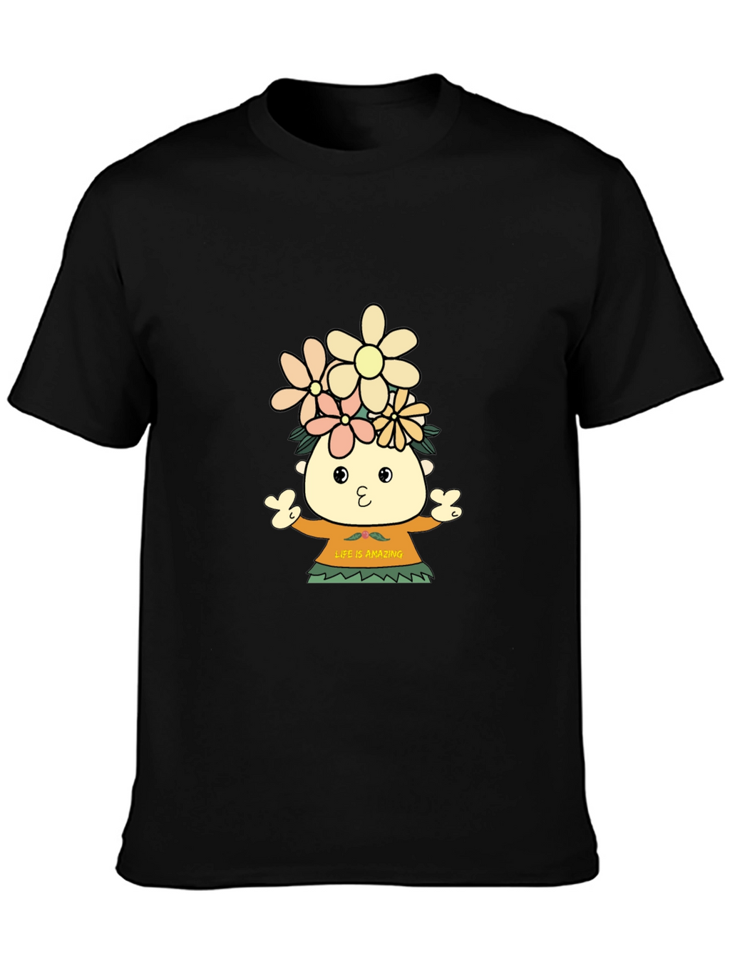 Black T-Shirt with Cartoon Flower Child Design