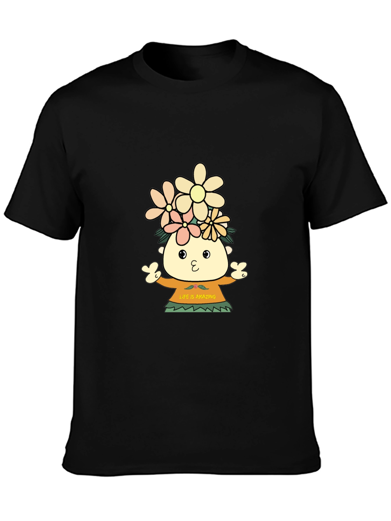Black T-Shirt with Cartoon Flower Child Design