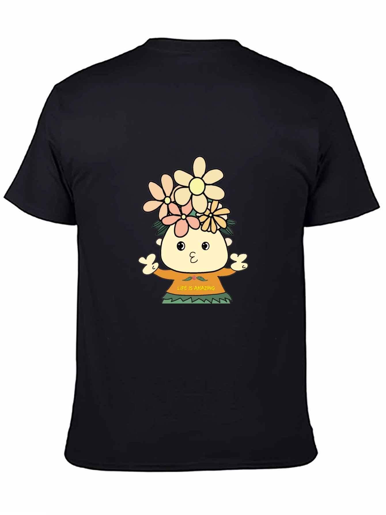 Black T-Shirt with Cartoon Flower Child Design