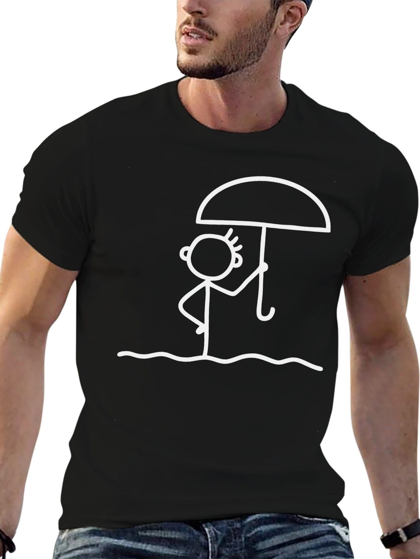 Stick Figure Umbrella T-Shirt - Black Casual Tee