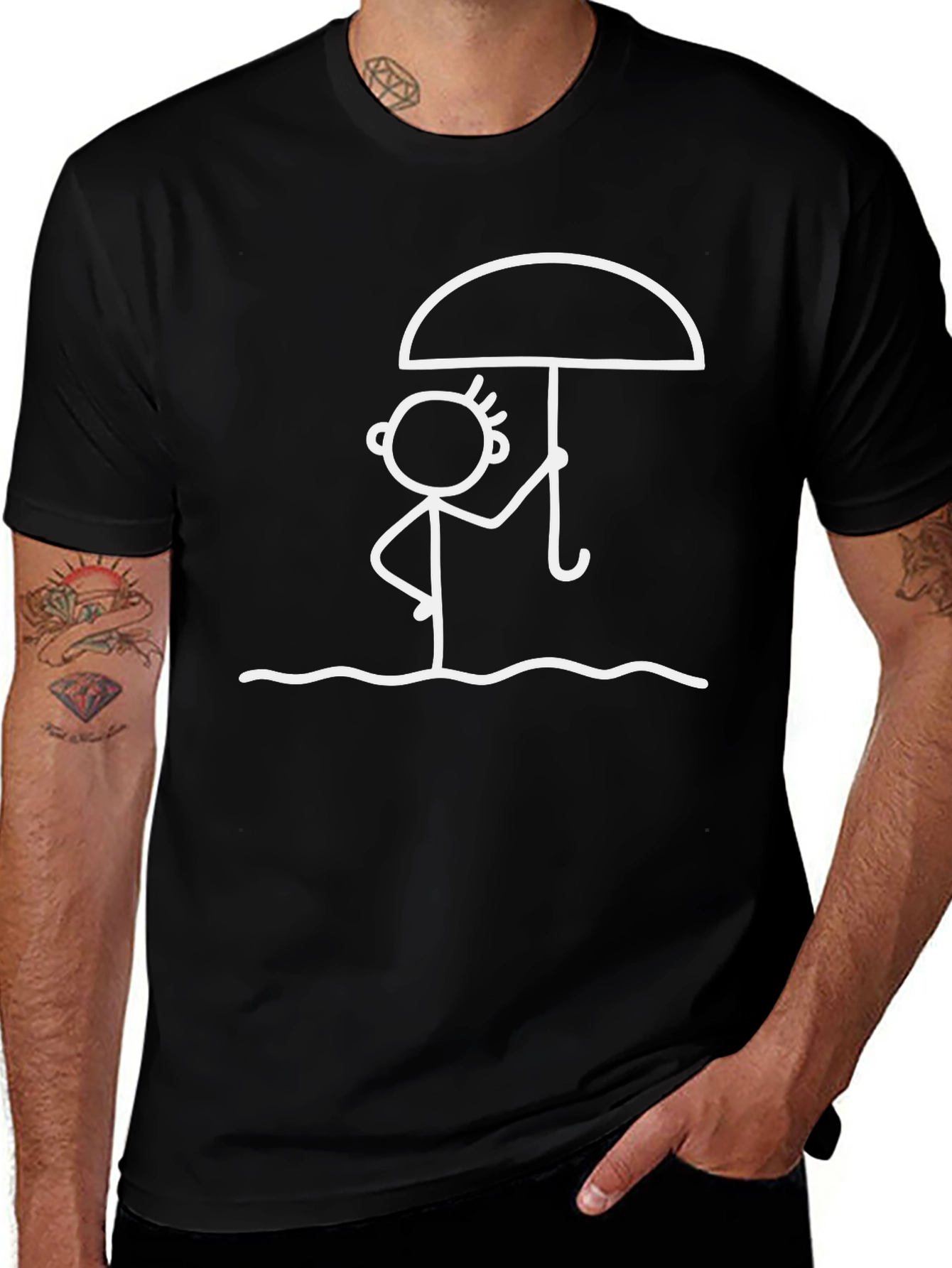 Stick Figure Umbrella T-Shirt - Black Casual Tee