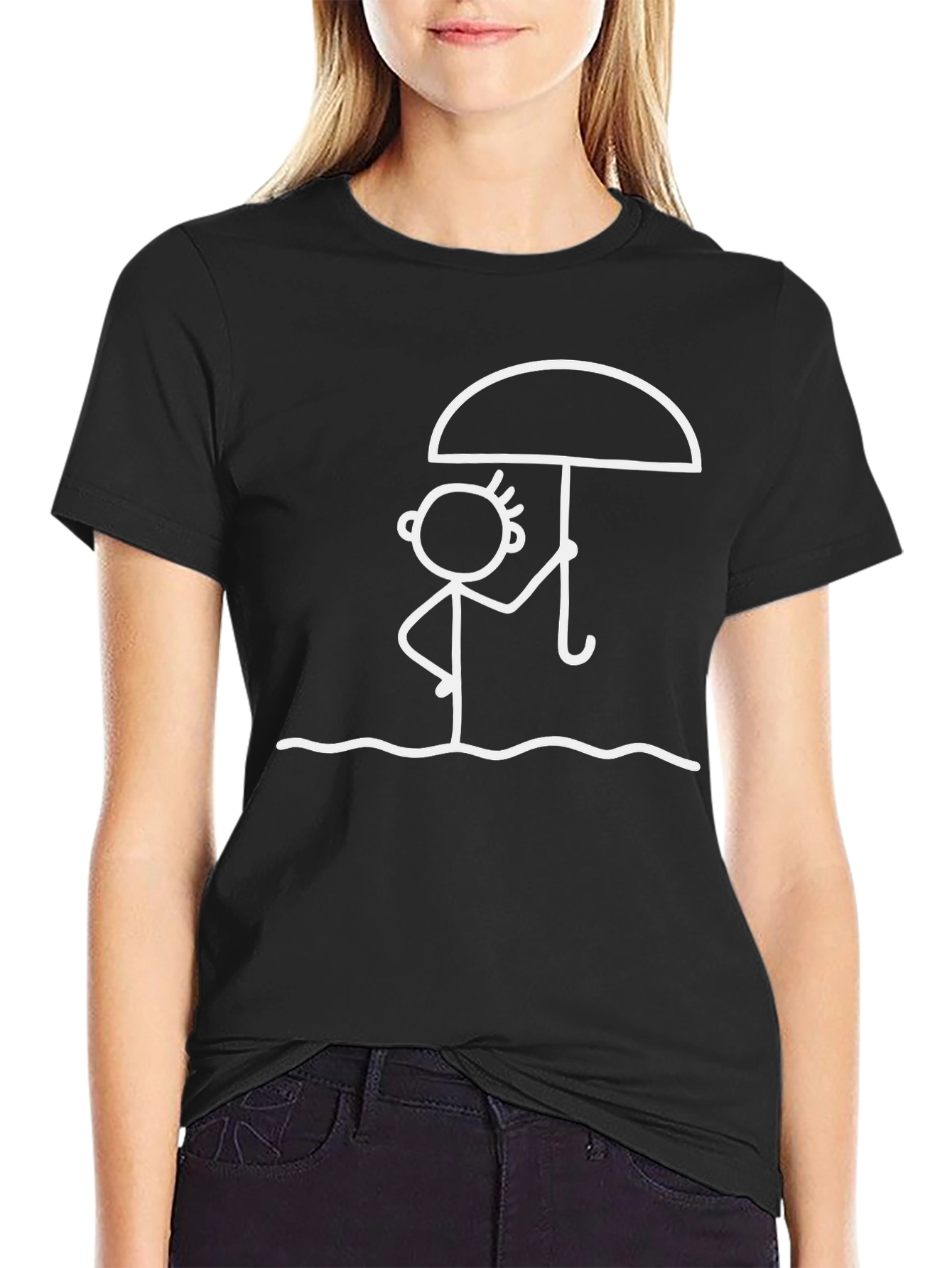Stick Figure Umbrella T-Shirt - Black Casual Tee
