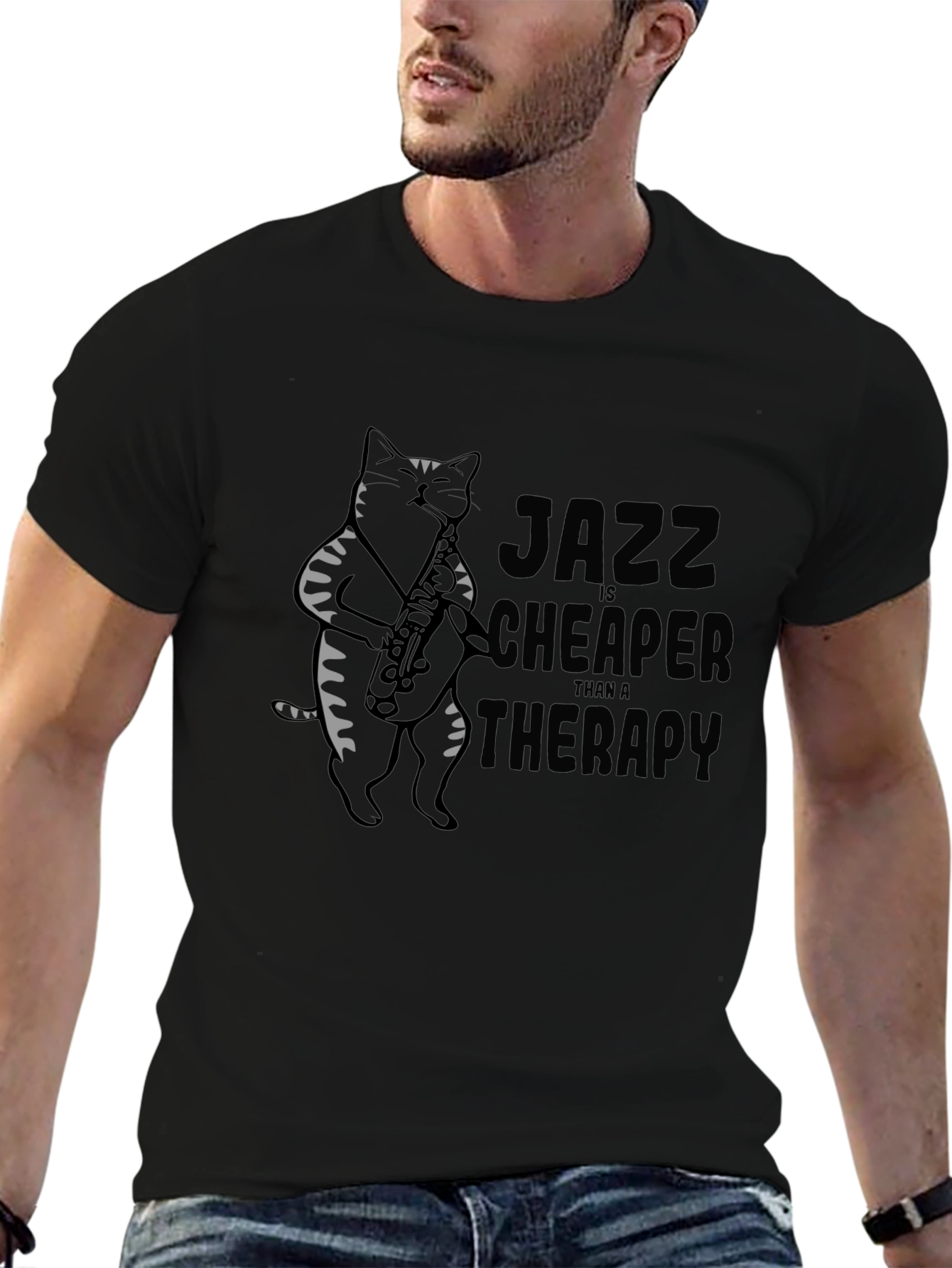 Jazz Cat Saxophone Black T-Shirt