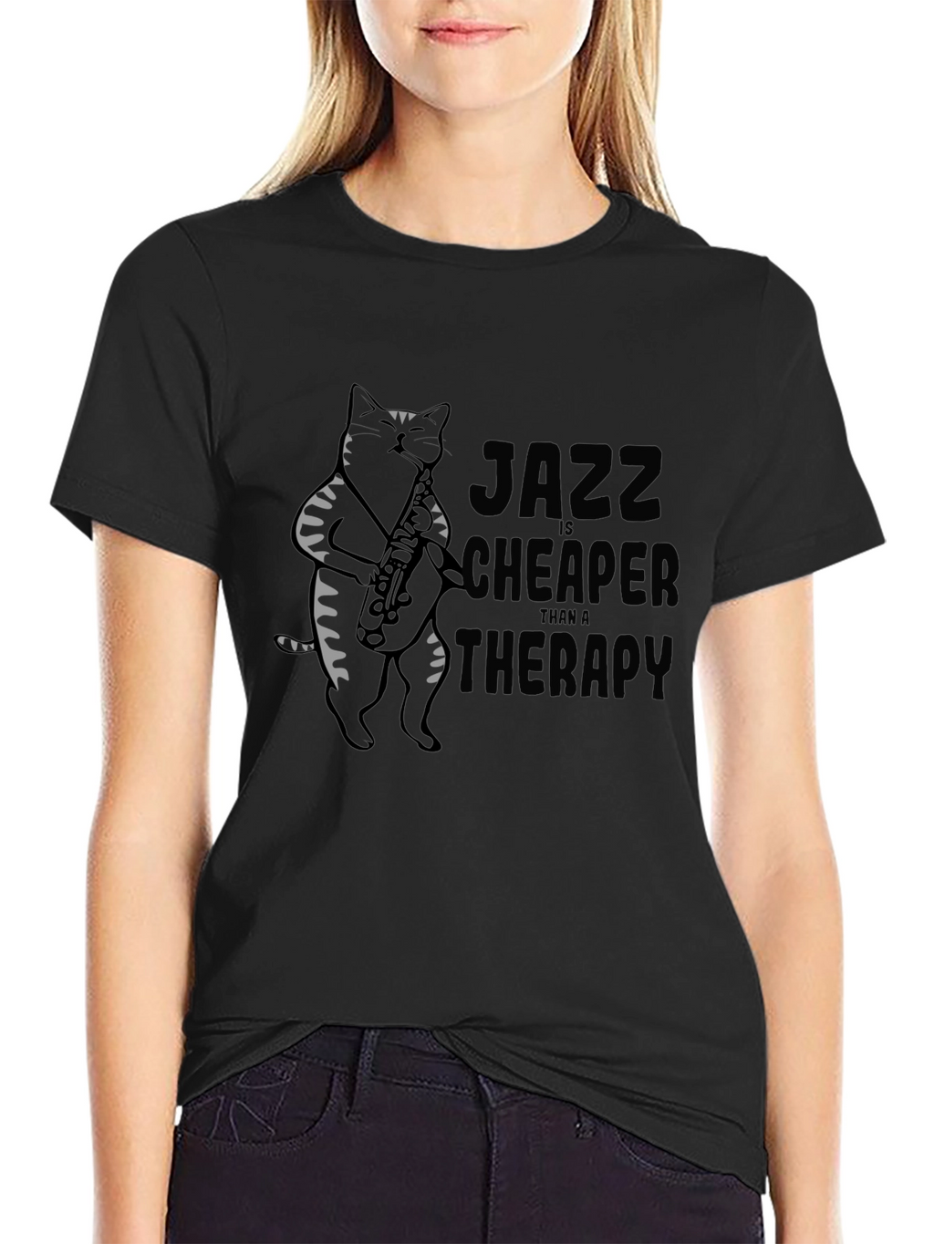 Jazz Cat Saxophone Black T-Shirt