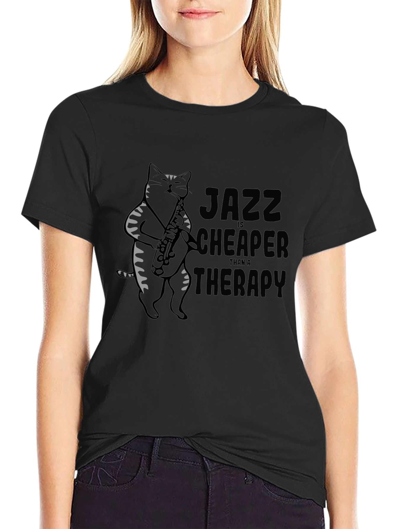Jazz Cat Saxophone Black T-Shirt