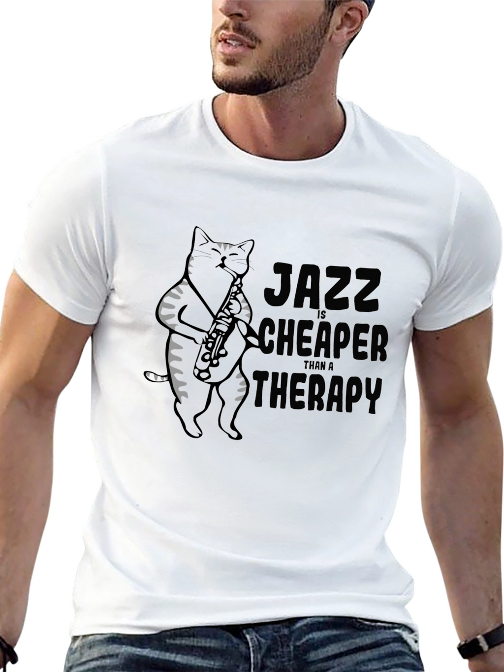 Jazz Cat Saxophone Black T-Shirt