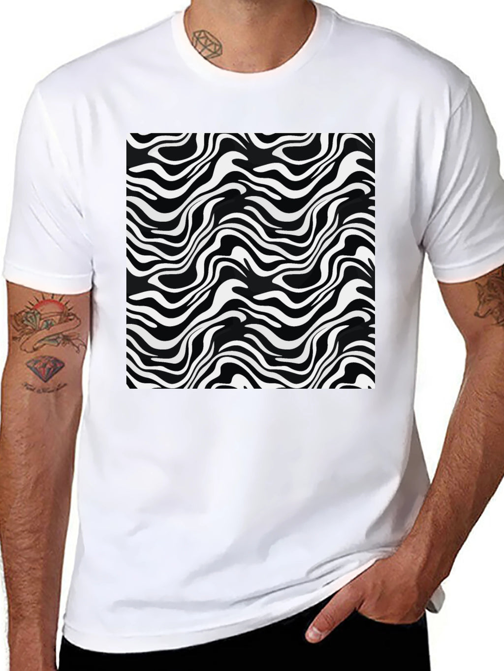 Abstract Wave Print Black T-Shirt