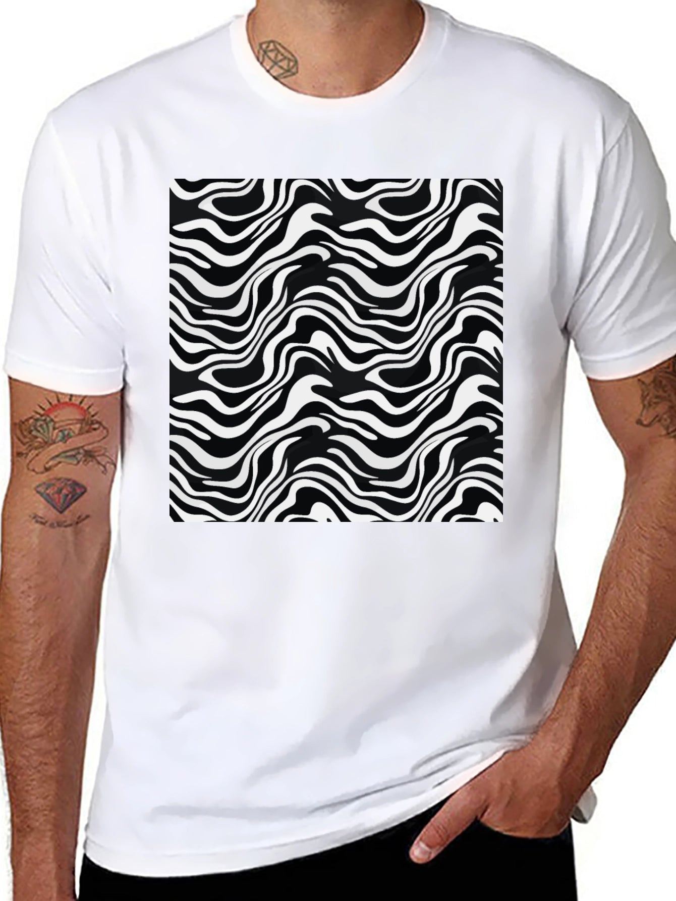 Abstract Wave Print Black T-Shirt