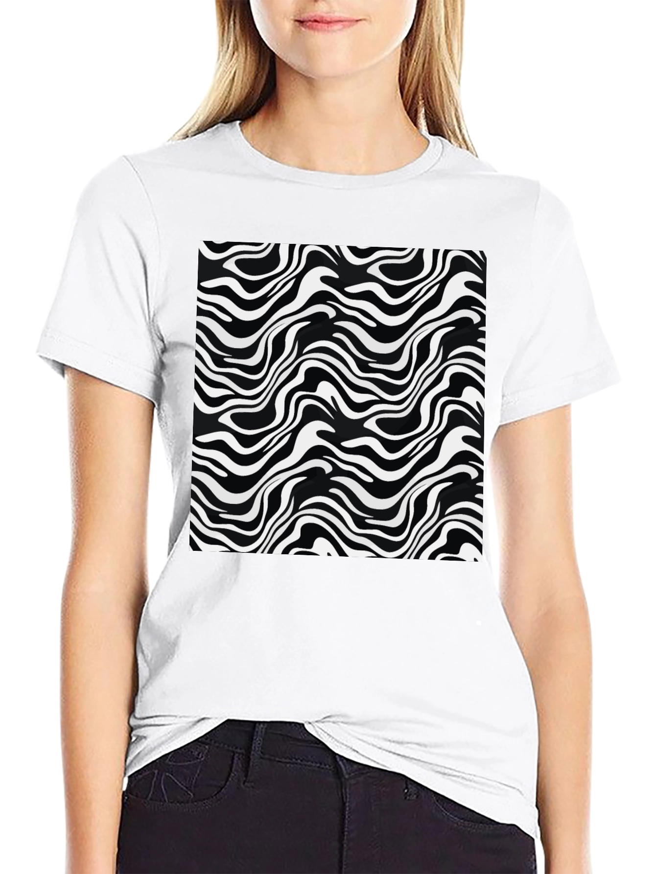 Abstract Wave Print Black T-Shirt