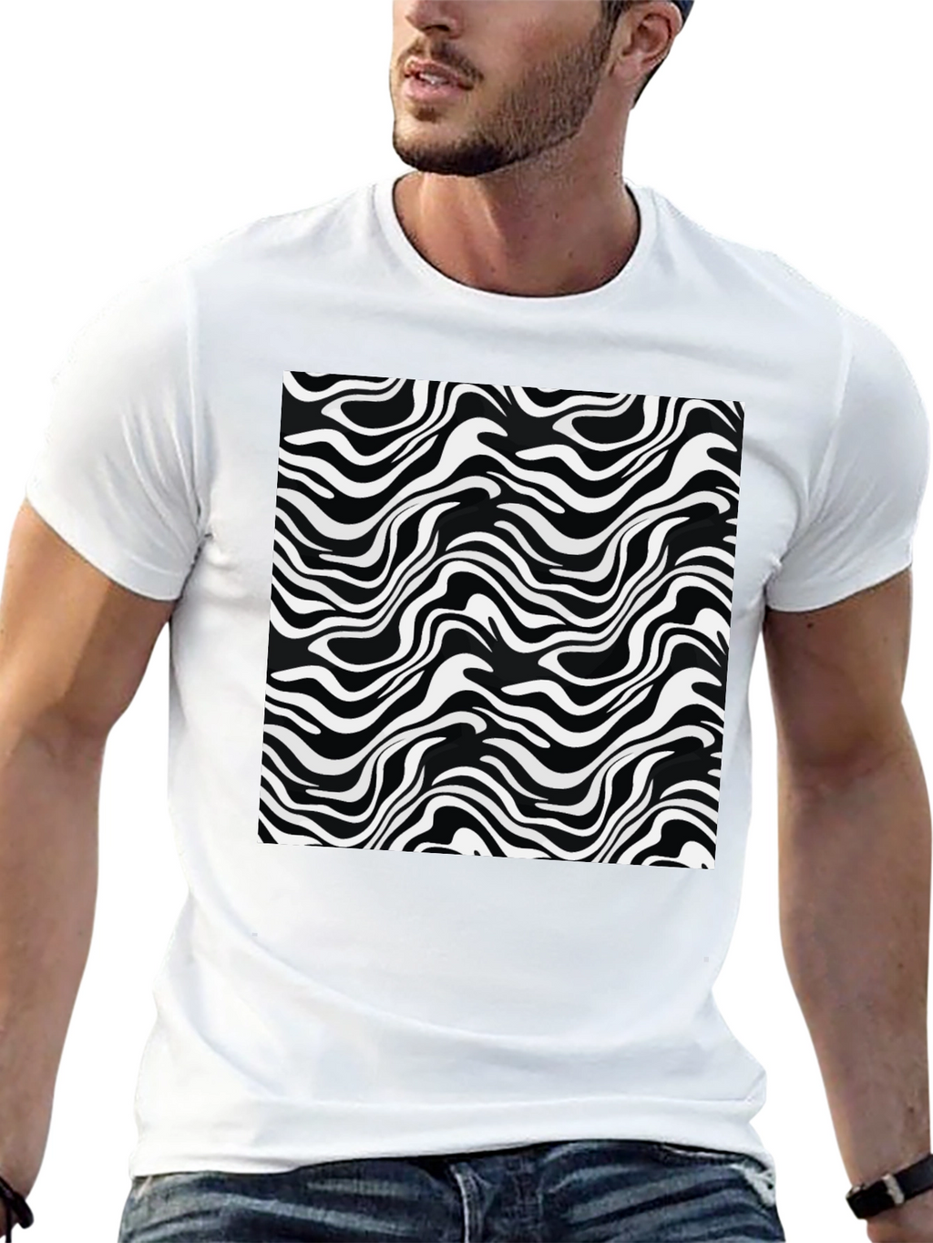 Abstract Wave Print Black T-Shirt