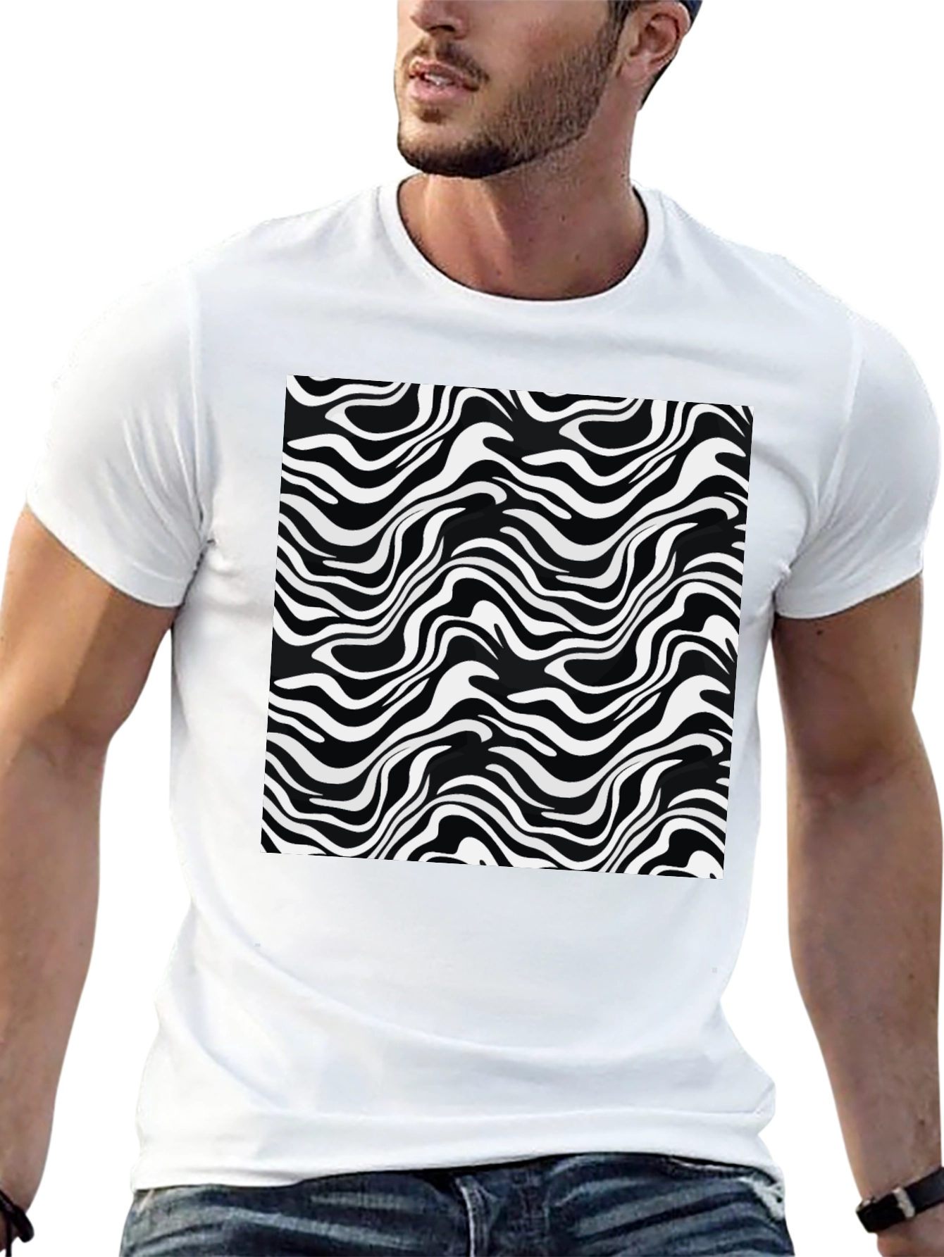 Abstract Wave Print Black T-Shirt