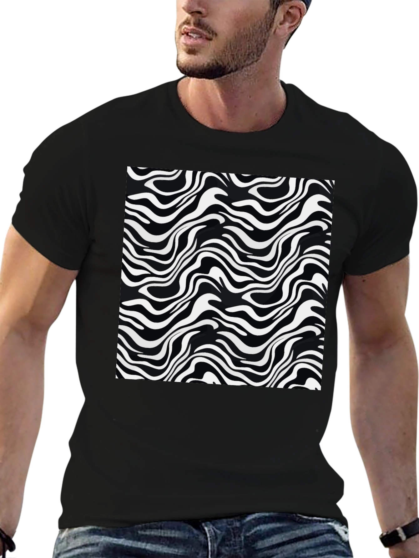 Abstract Wave Print Black T-Shirt