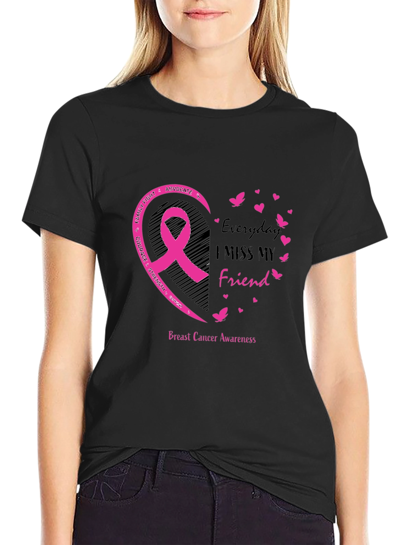 Breast Cancer Awareness Ribbon Everyday I Miss My Friend Black T-Shirt