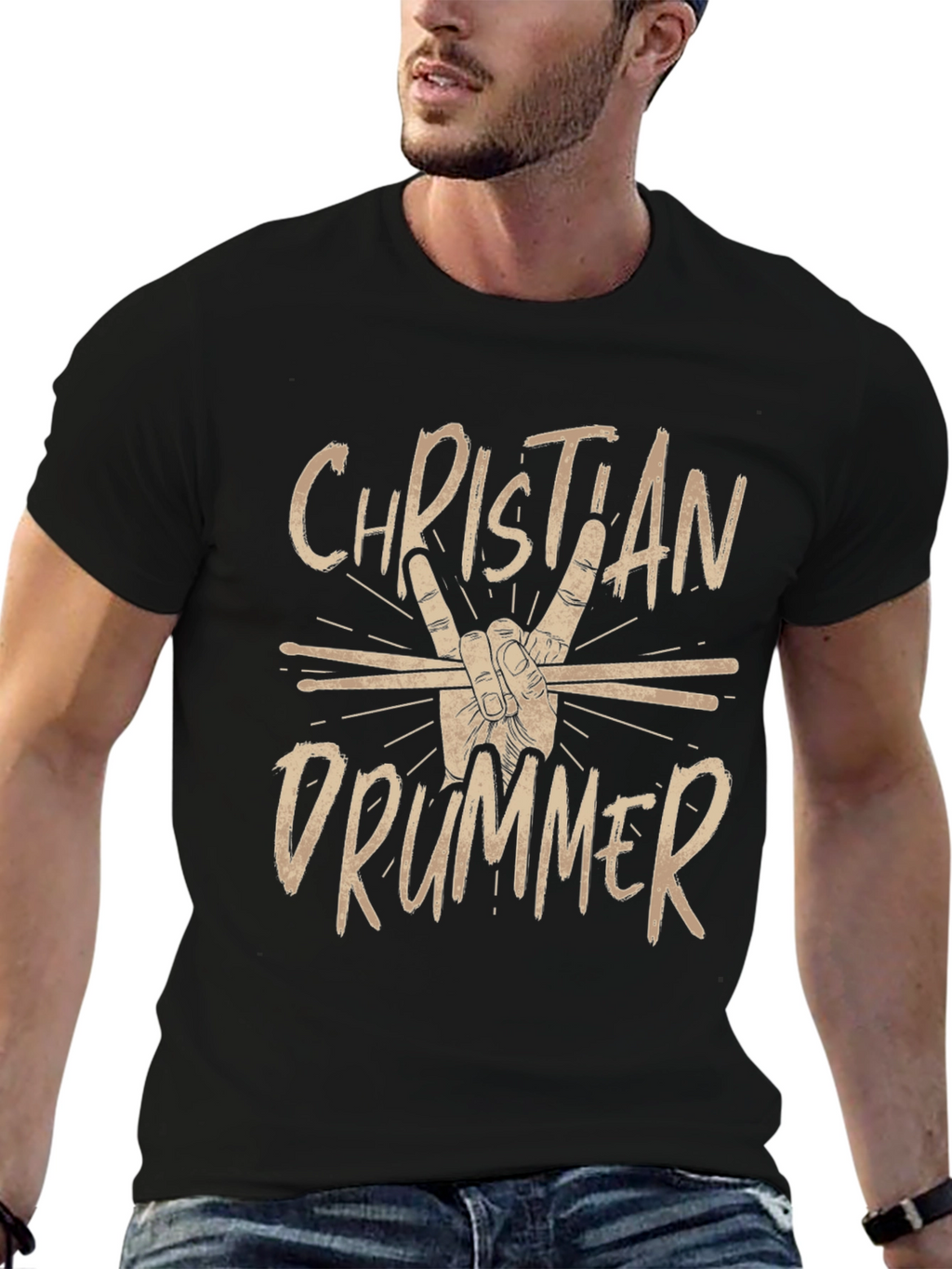 Christian Drummer Black Graphic Tee Shirt