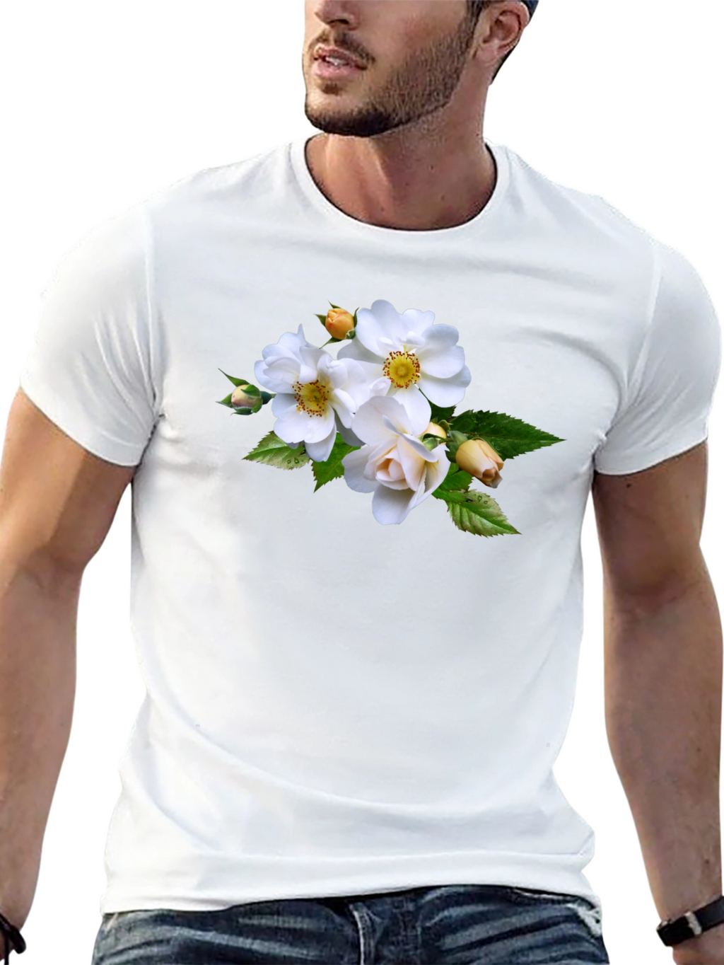 Floral Tee - Elegant White Rose Design