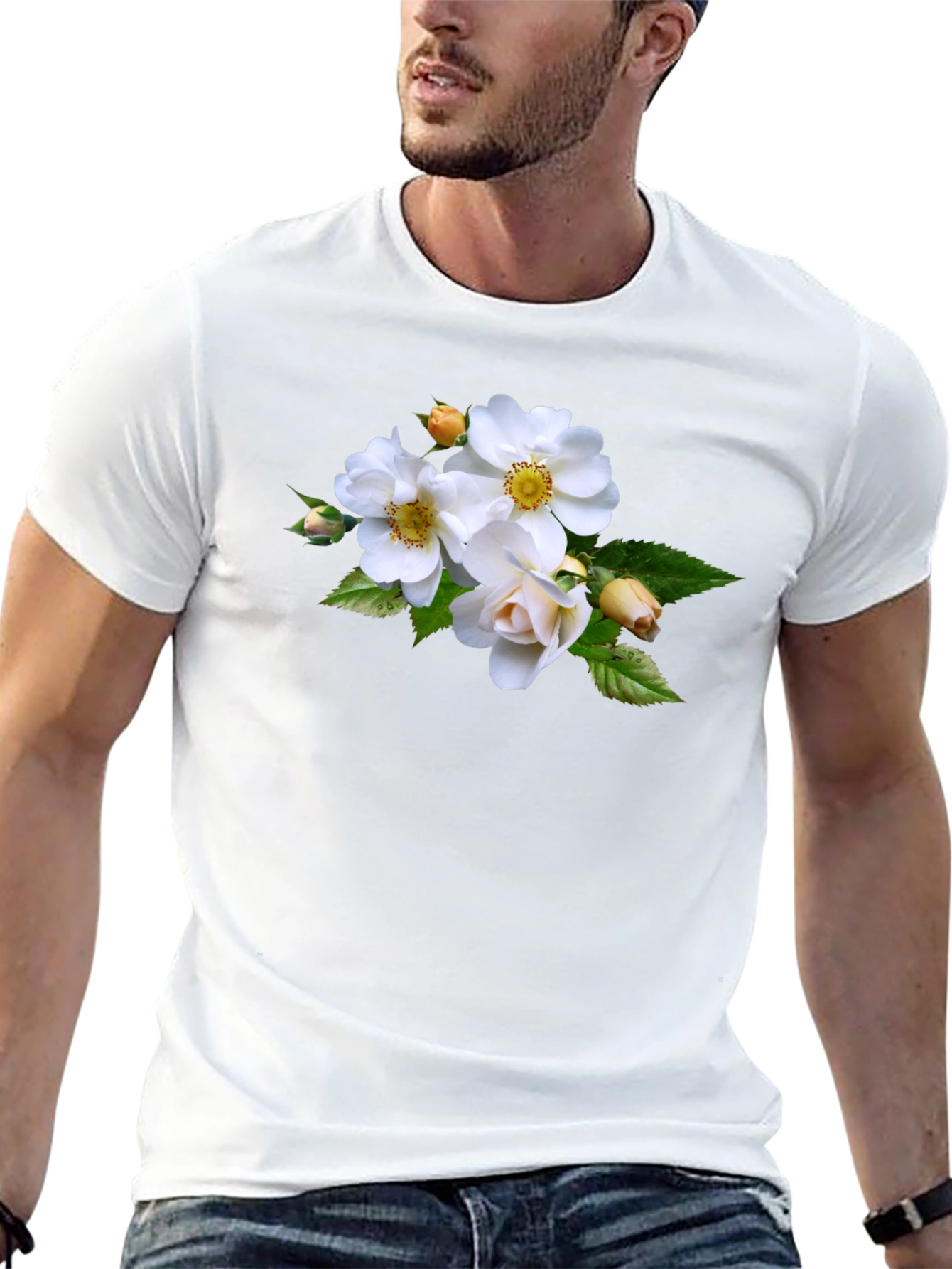Floral Tee - Elegant White Rose Design