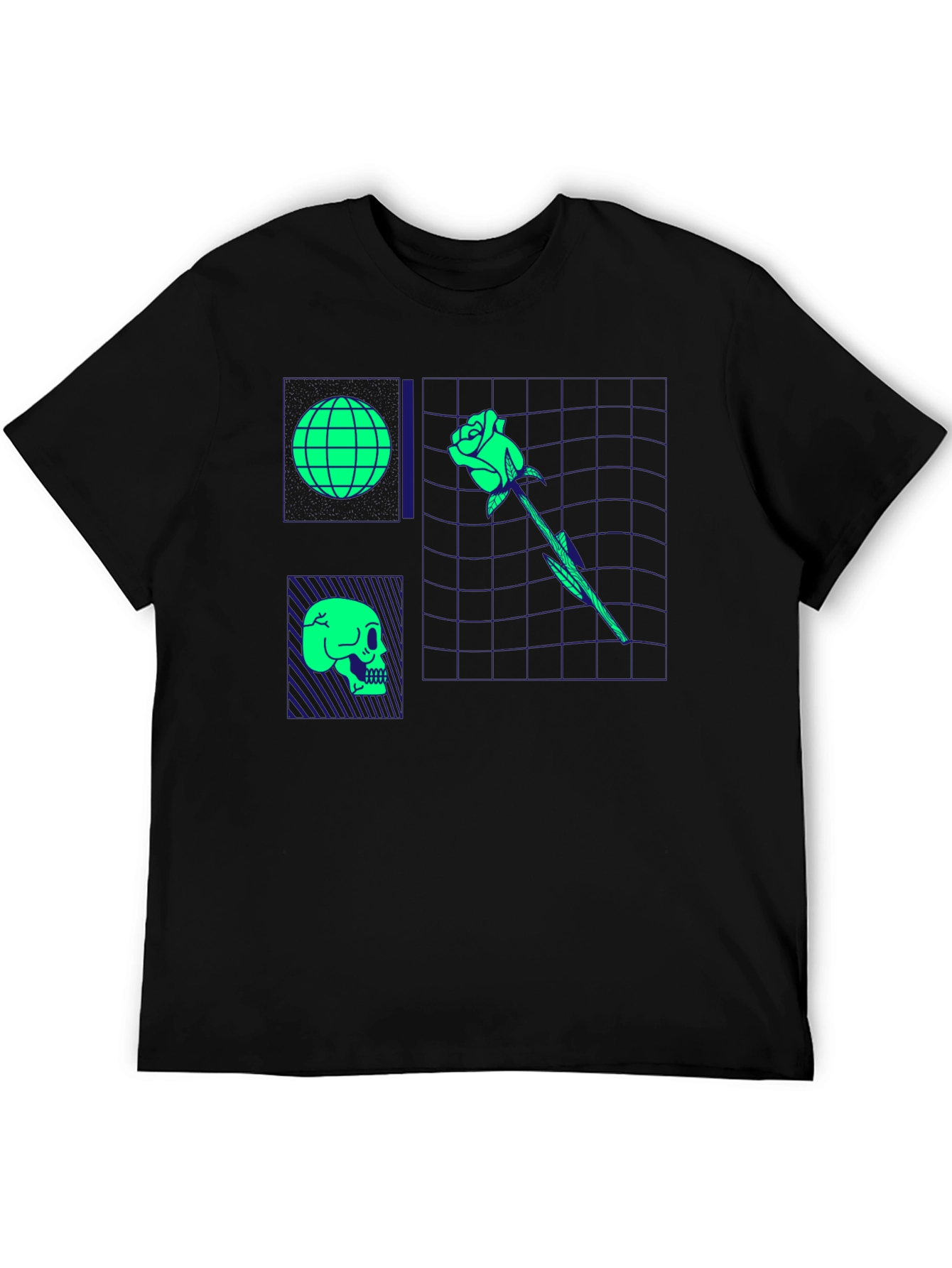 Retro Synthwave Graphic T-Shirt - Skull Rose Globe Design