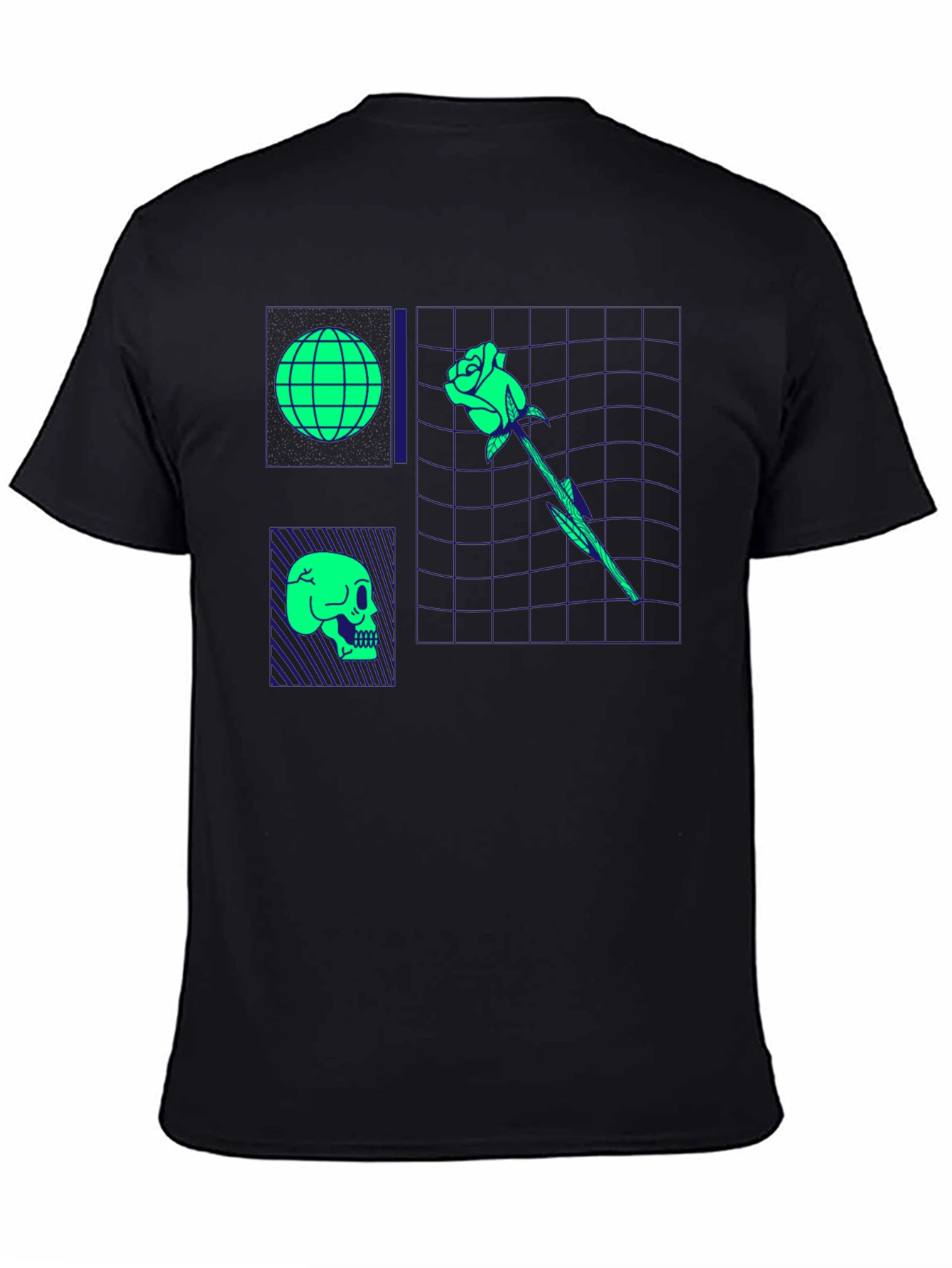 Retro Synthwave Graphic T-Shirt - Skull Rose Globe Design