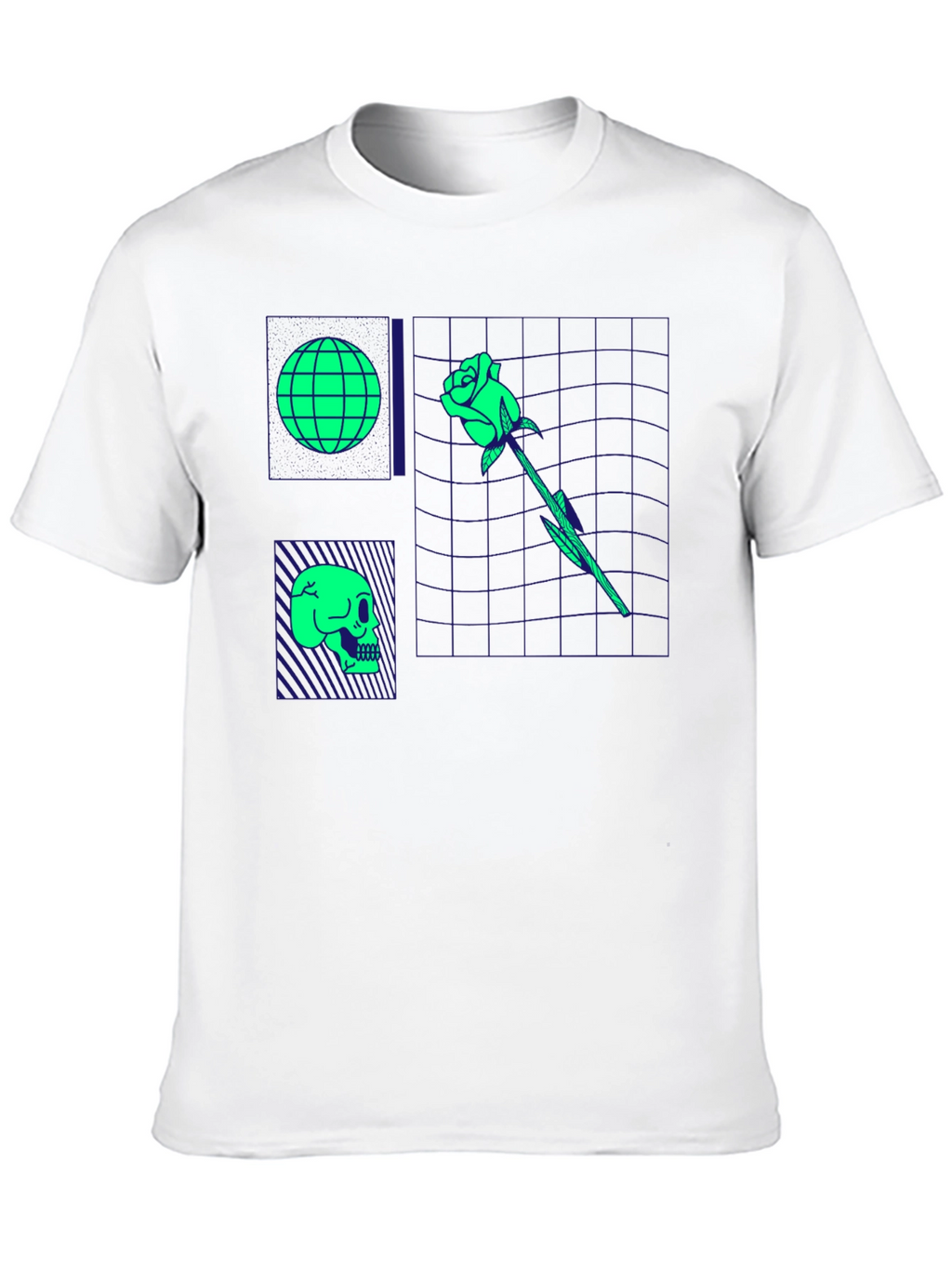Retro Synthwave Graphic T-Shirt - Skull Rose Globe Design