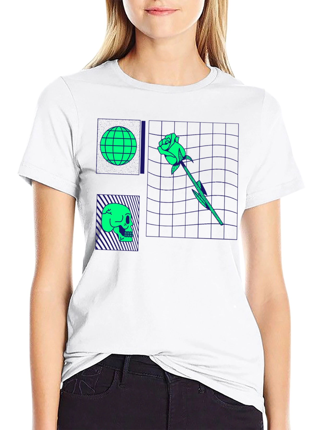 Retro Synthwave Graphic T-Shirt - Skull Rose Globe Design
