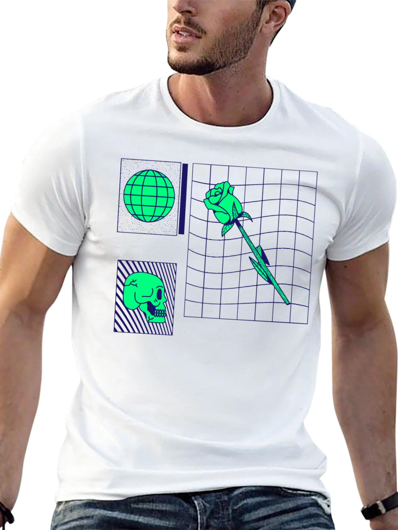 Retro Synthwave Graphic T-Shirt - Skull Rose Globe Design