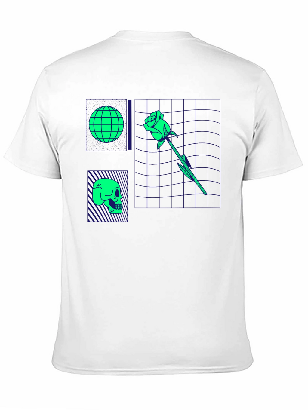 Retro Synthwave Graphic T-Shirt - Skull Rose Globe Design
