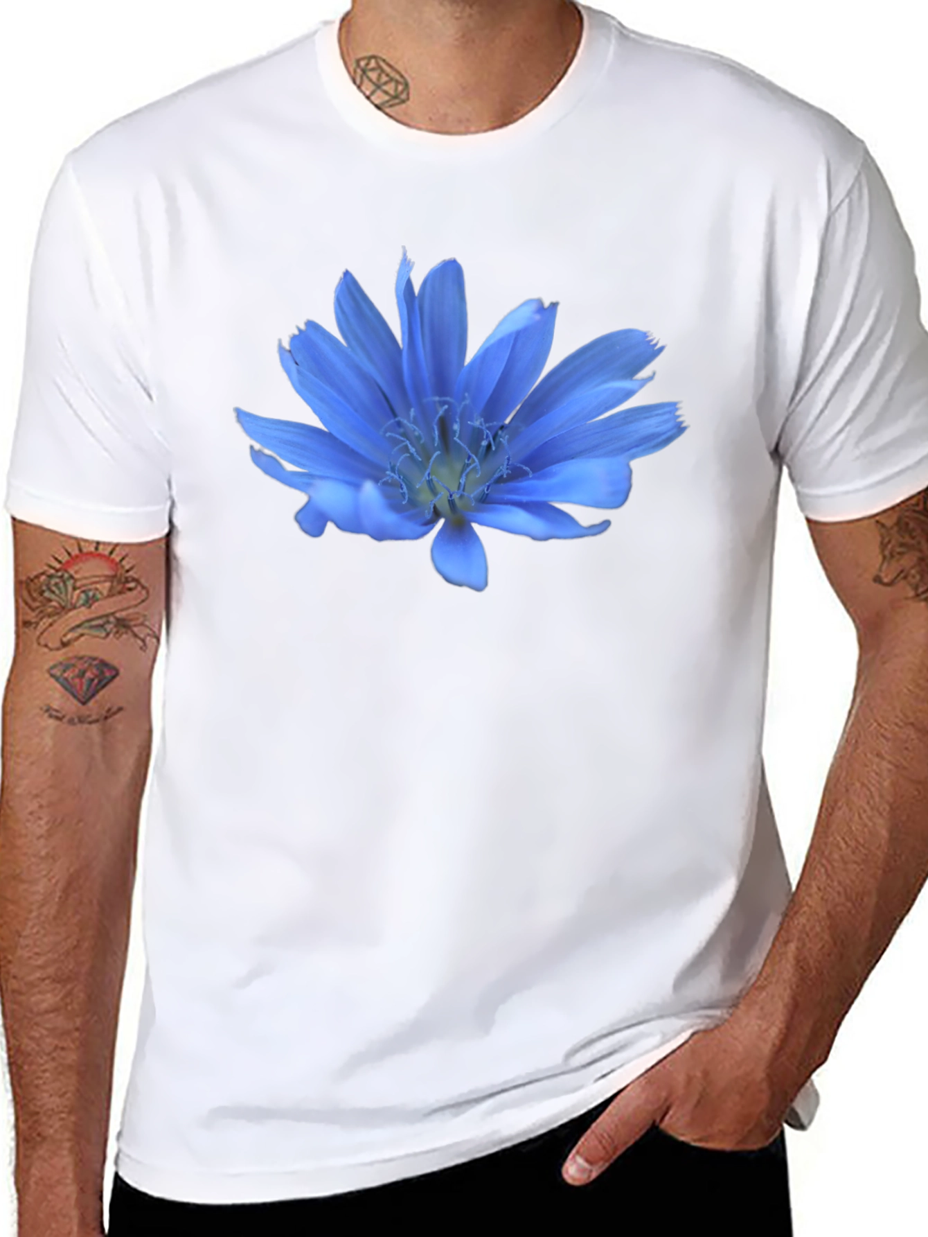 Blue Flower Graphic T-Shirt - Casual Wear