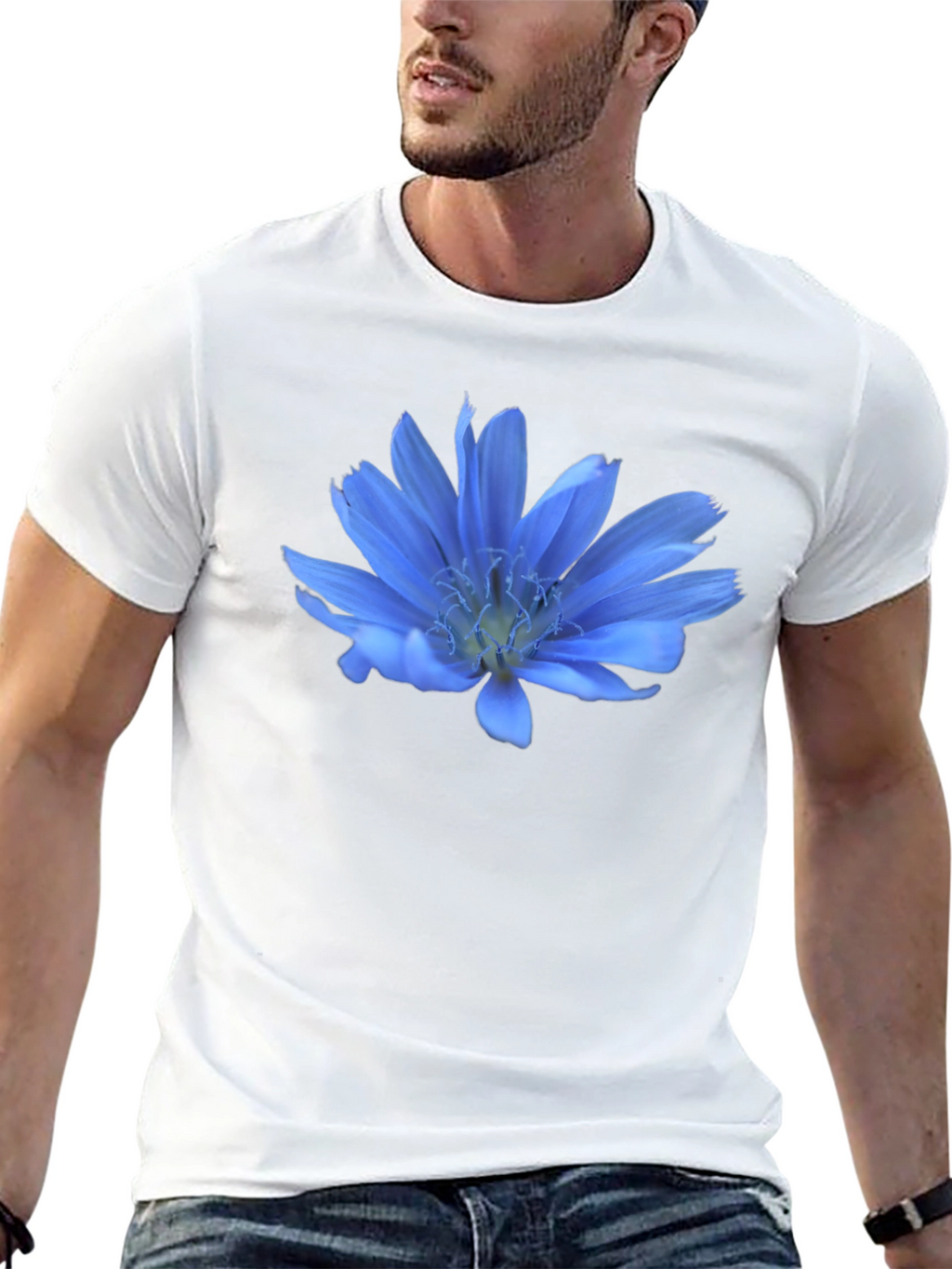 Blue Flower Graphic T-Shirt - Casual Wear