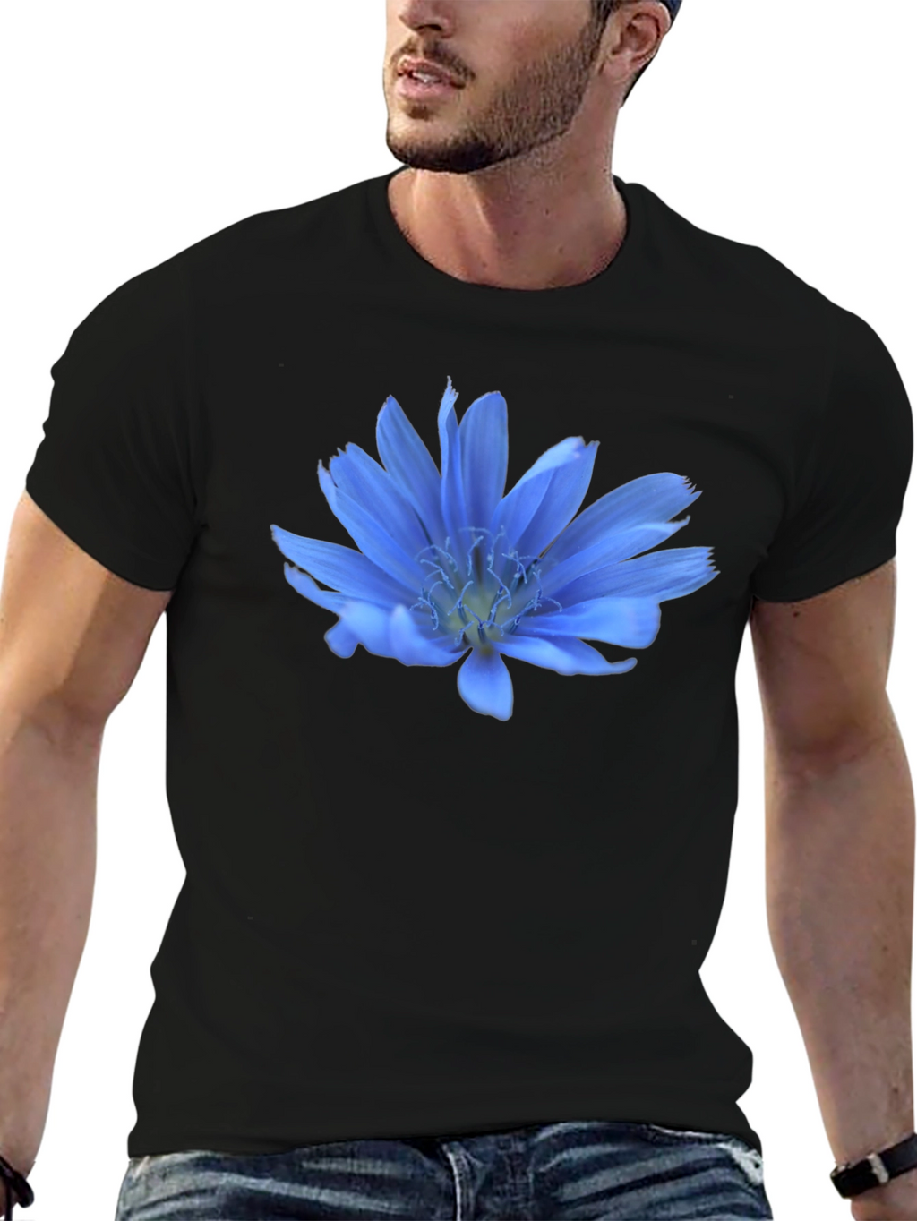 Blue Flower Graphic T-Shirt - Casual Wear