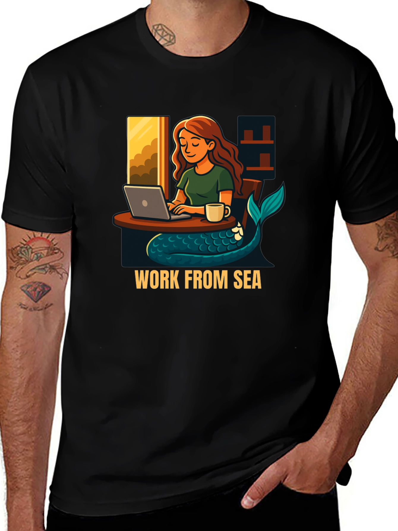 Work From Sea Graphic Tee - Mermaid Laptop Design