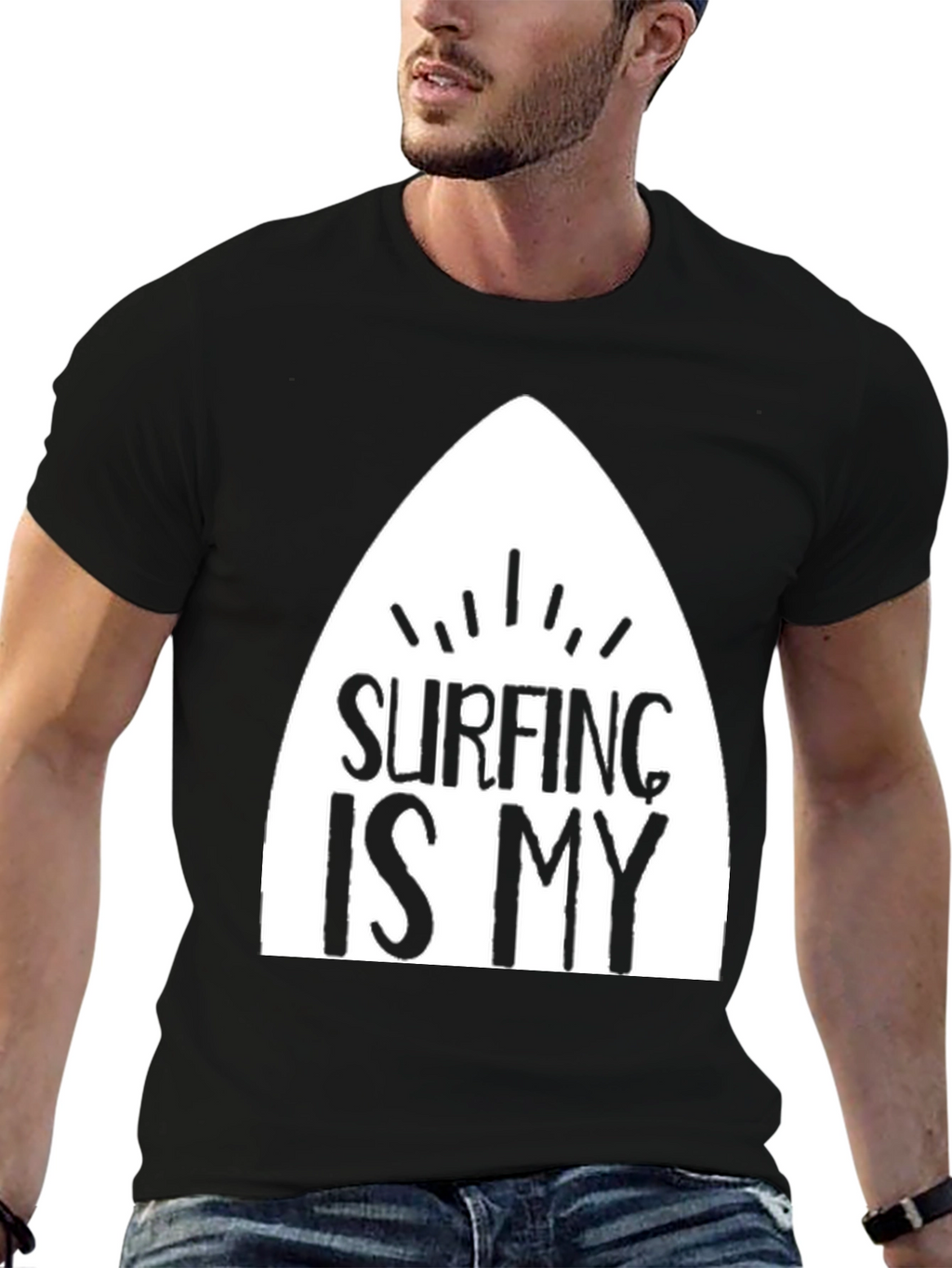 Surfing Is My T-Shirt - Black Cotton Surfboard Tee