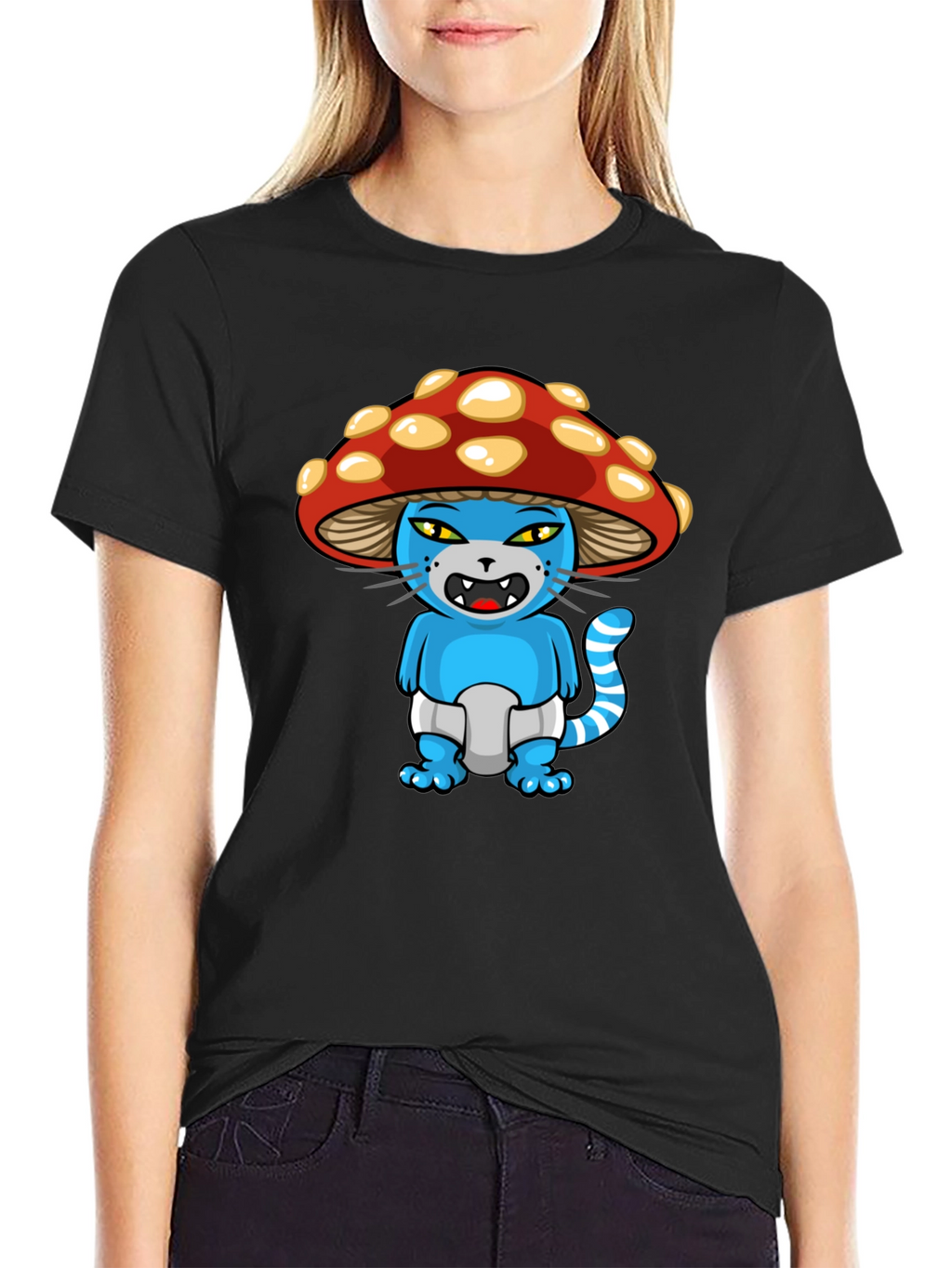 Mushroom Cat Cartoon Graphic T-Shirt