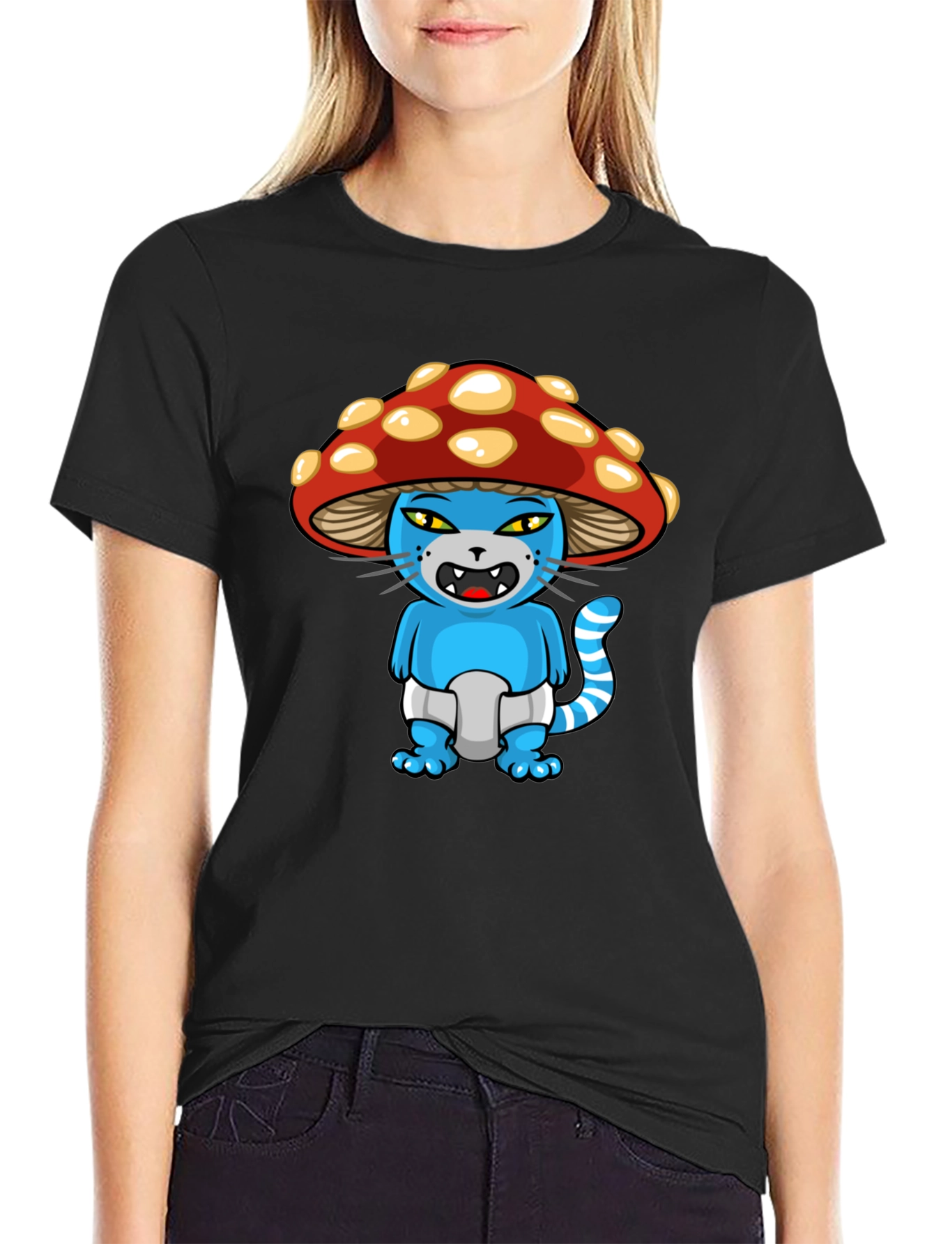 Mushroom Cat Cartoon Graphic T-Shirt