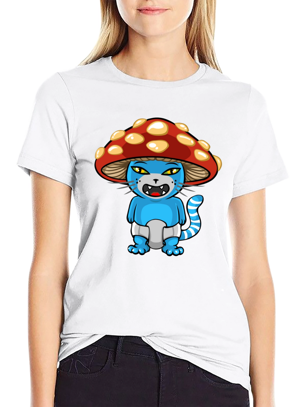 Mushroom Cat Cartoon Graphic T-Shirt