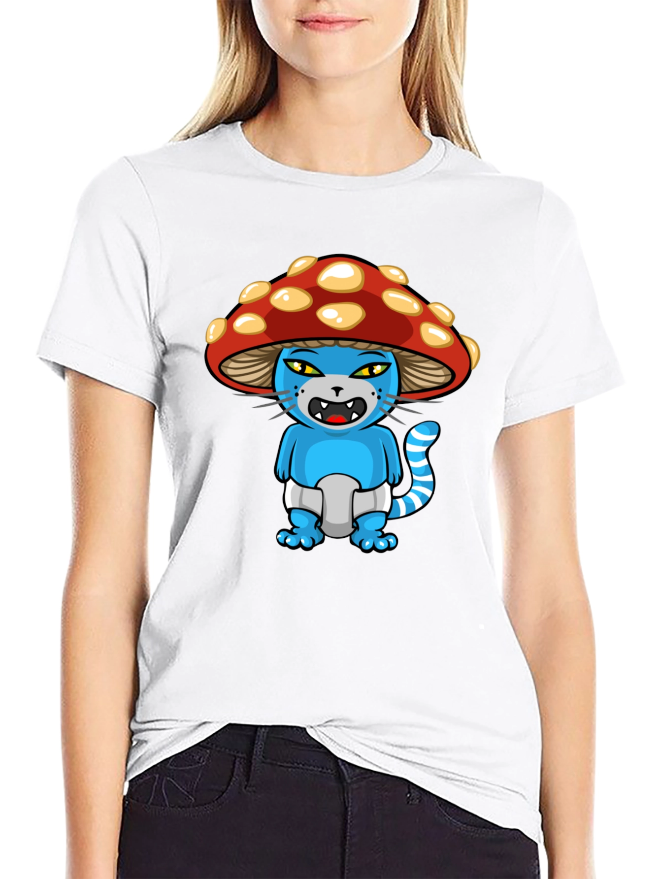 Mushroom Cat Cartoon Graphic T-Shirt