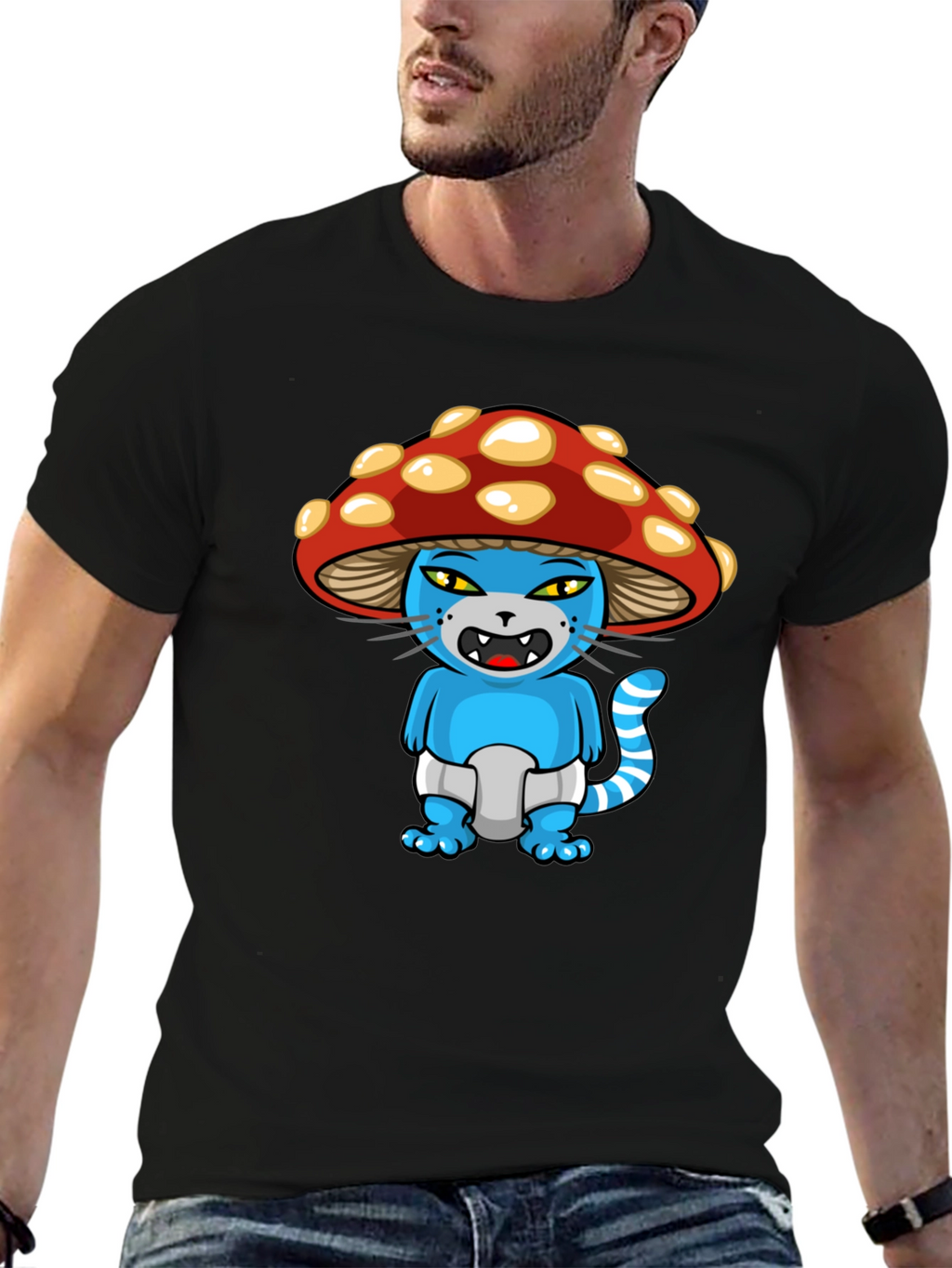 Mushroom Cat Cartoon Graphic T-Shirt