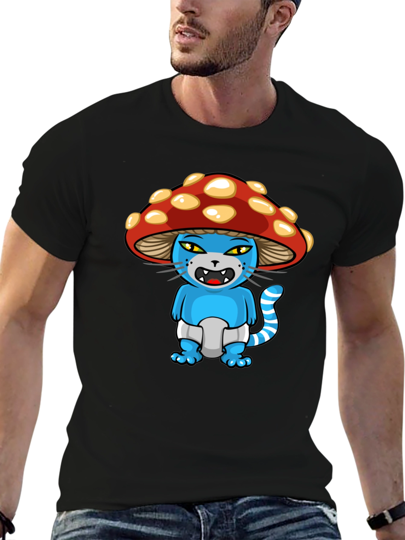 Mushroom Cat Cartoon Graphic T-Shirt
