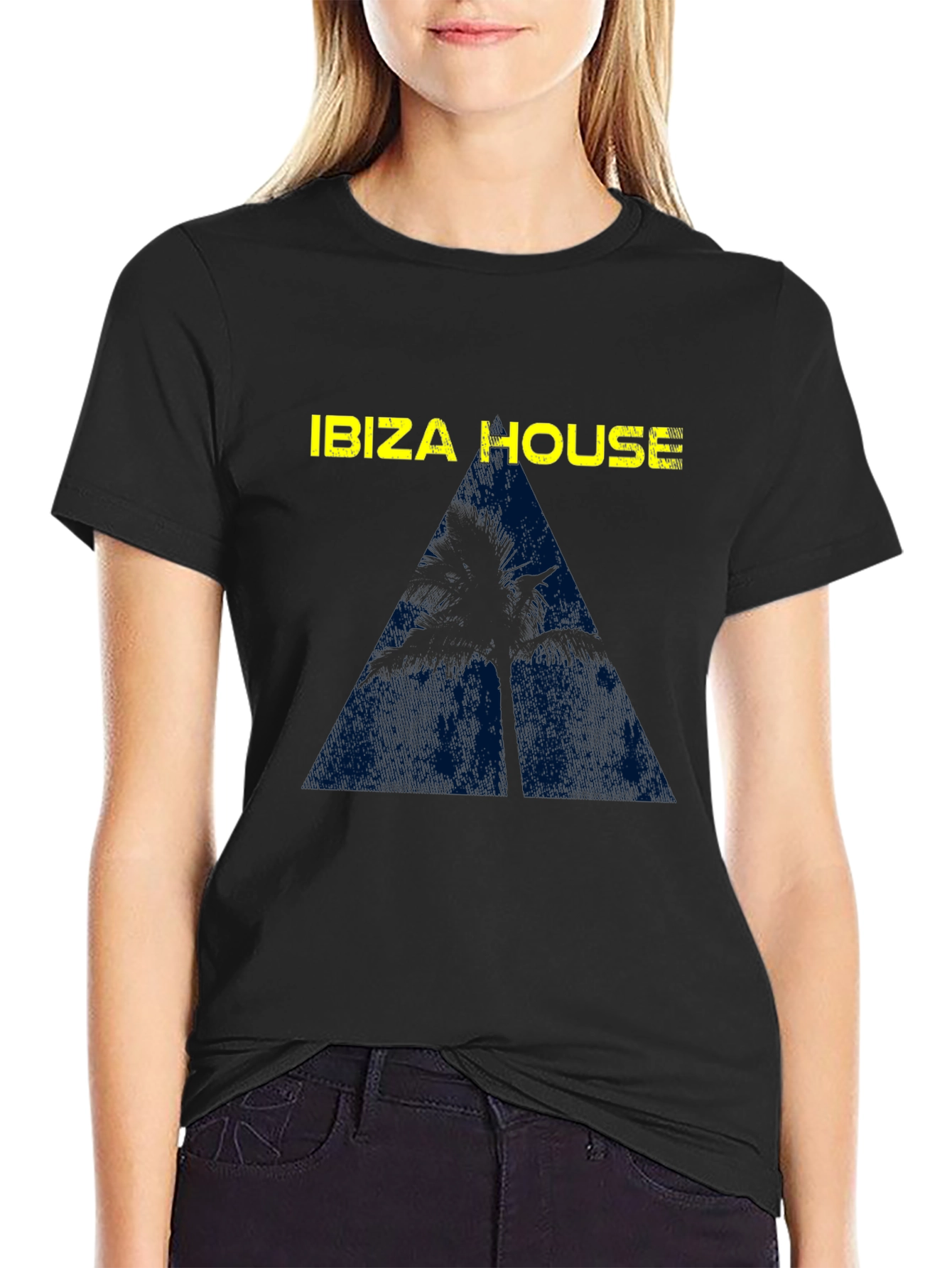 Ibiza House Palm Tree Graphic Tee - Black Cotton Blend