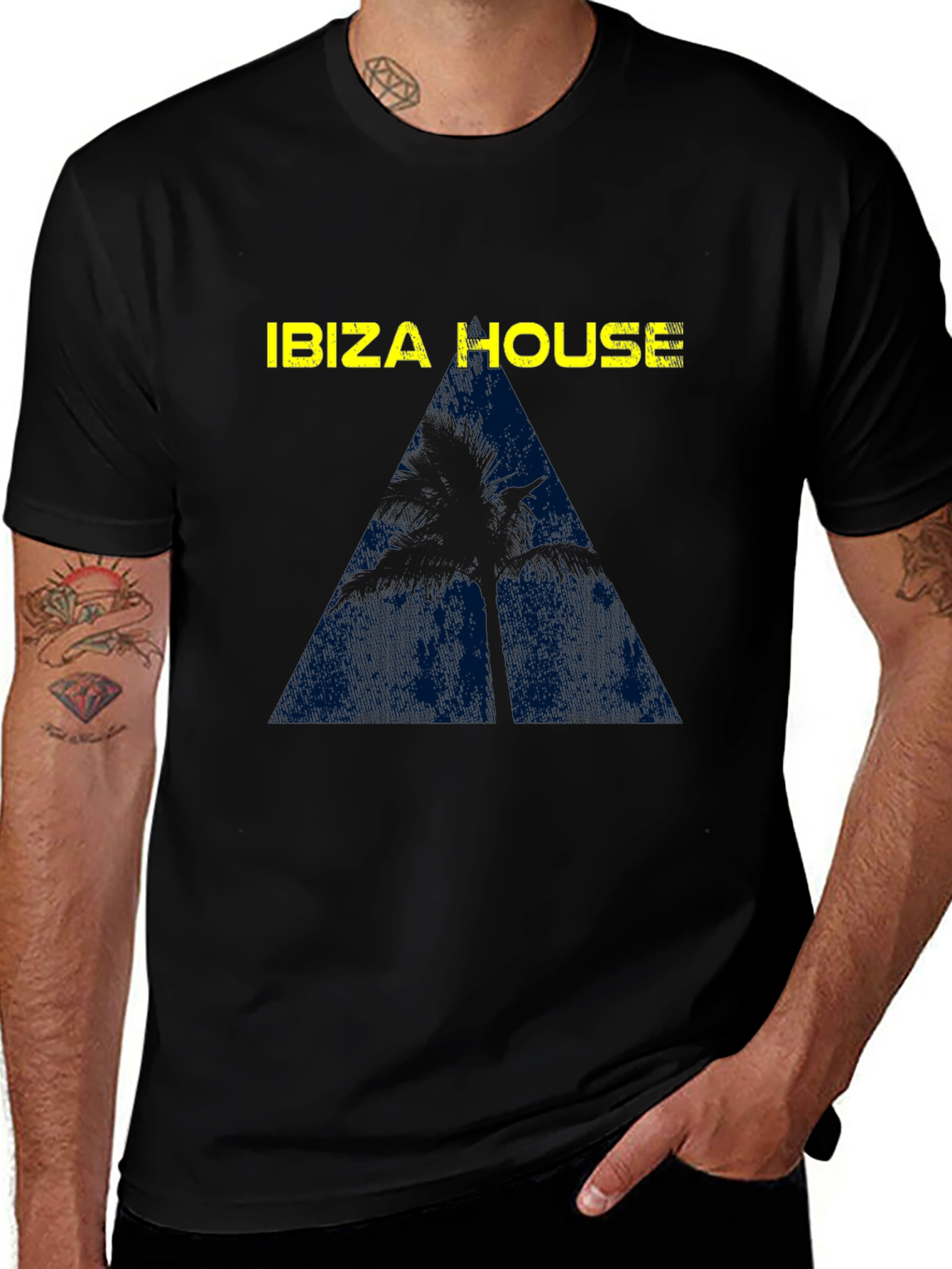 Ibiza House Palm Tree Graphic Tee - Black Cotton Blend