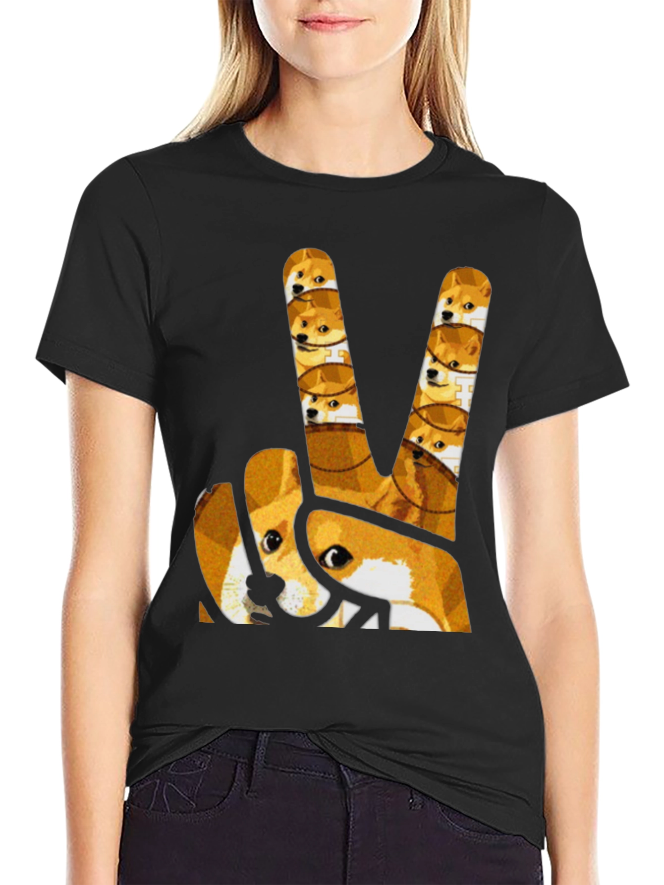 Doge Peace Sign Graphic Tee - Black