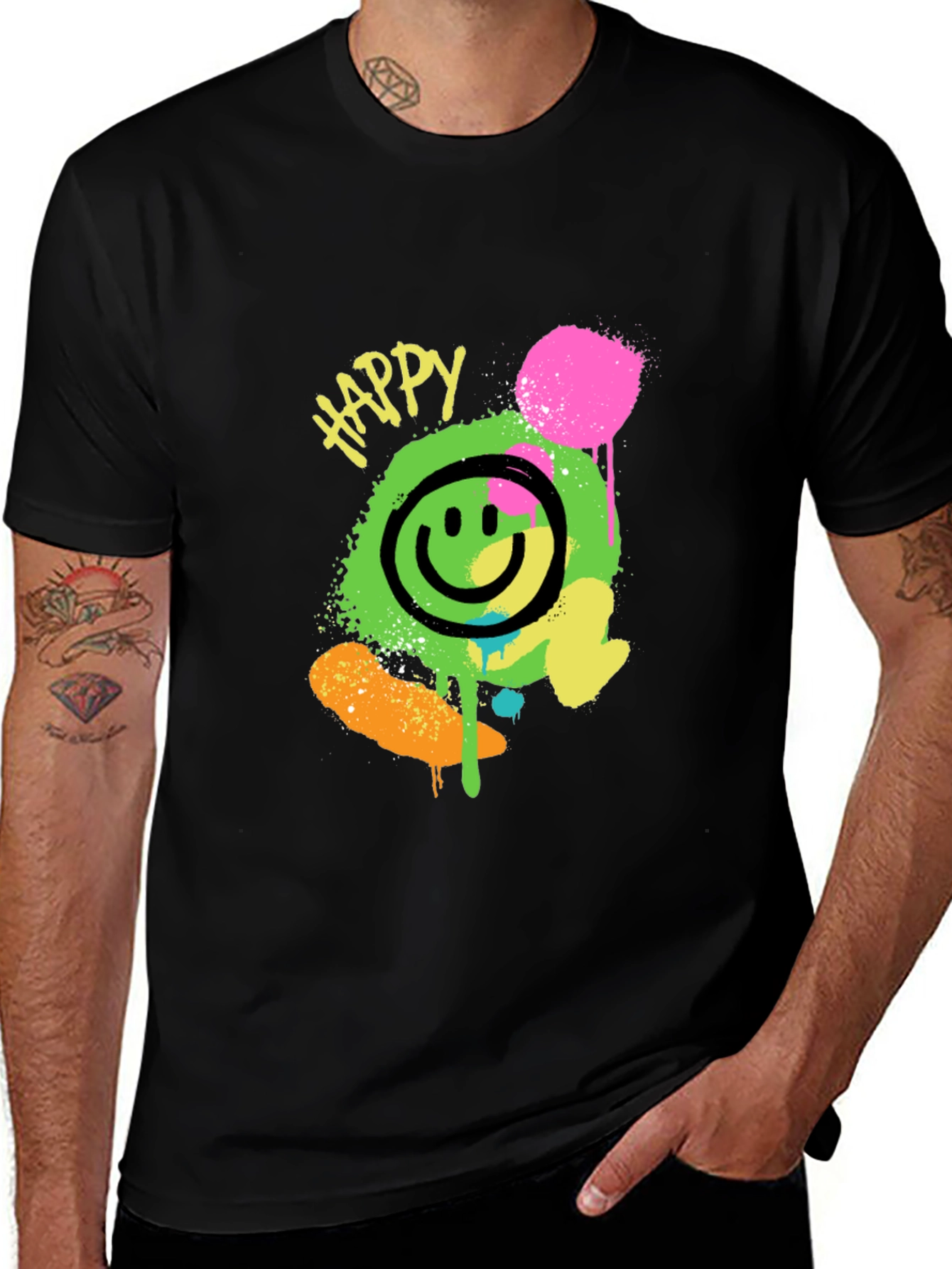 Happy Graphic Print Black T-Shirt