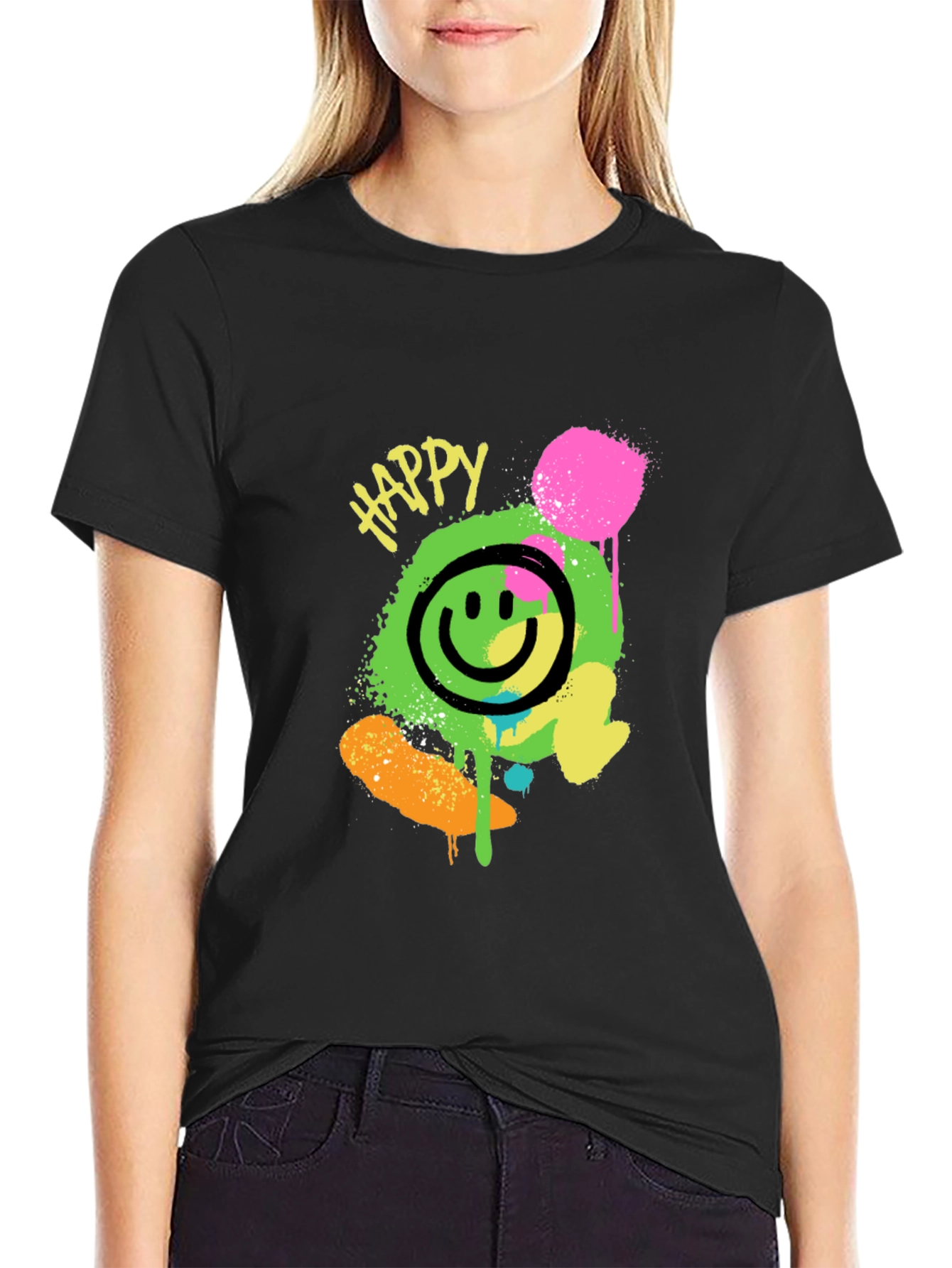 Happy Graphic Print Black T-Shirt