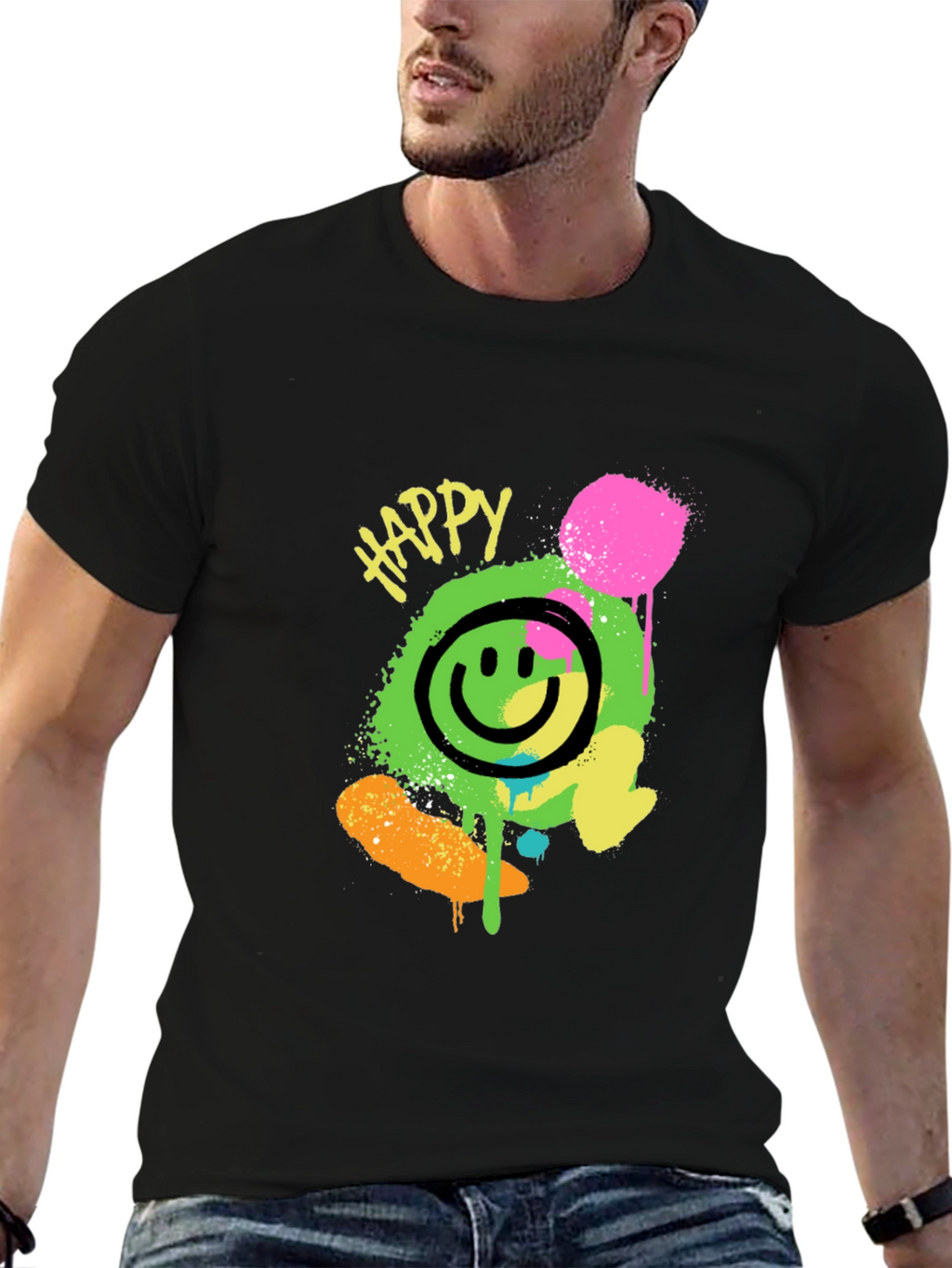Happy Graphic Print Black T-Shirt