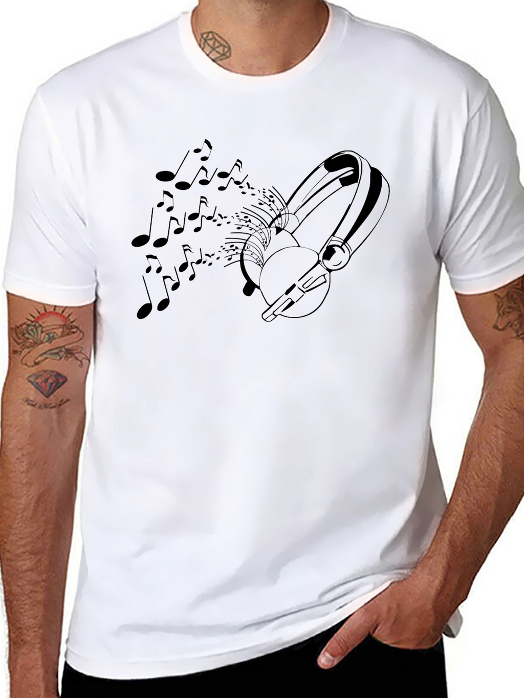 Music Lovers Black T-Shirt - Headphones & Notes Design