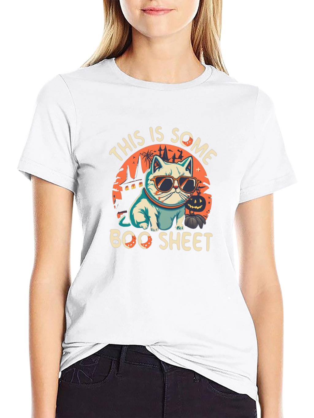 Boo Sheet Halloween T-Shirt - Cat with Sunglasses