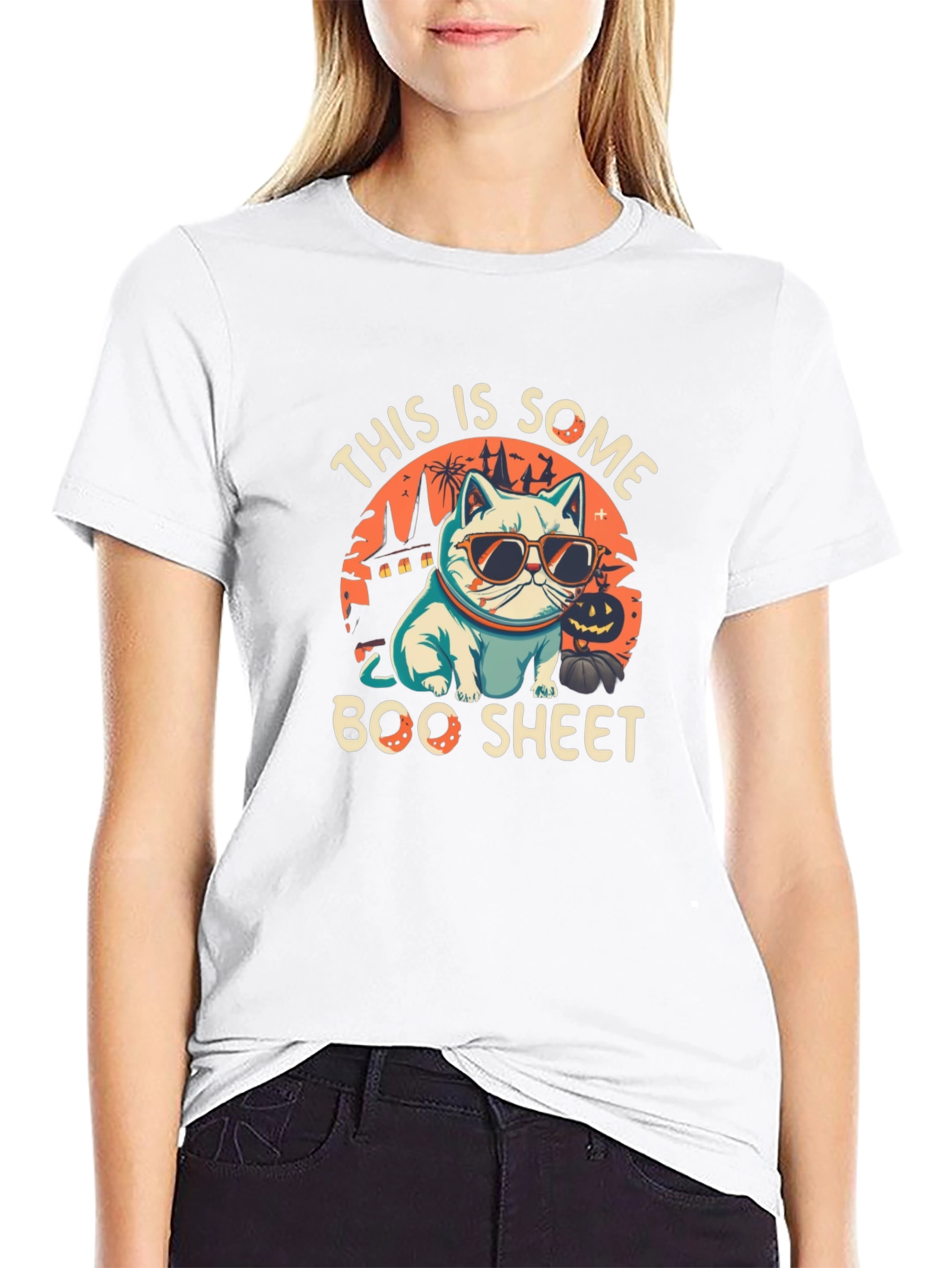 Boo Sheet Halloween T-Shirt - Cat with Sunglasses